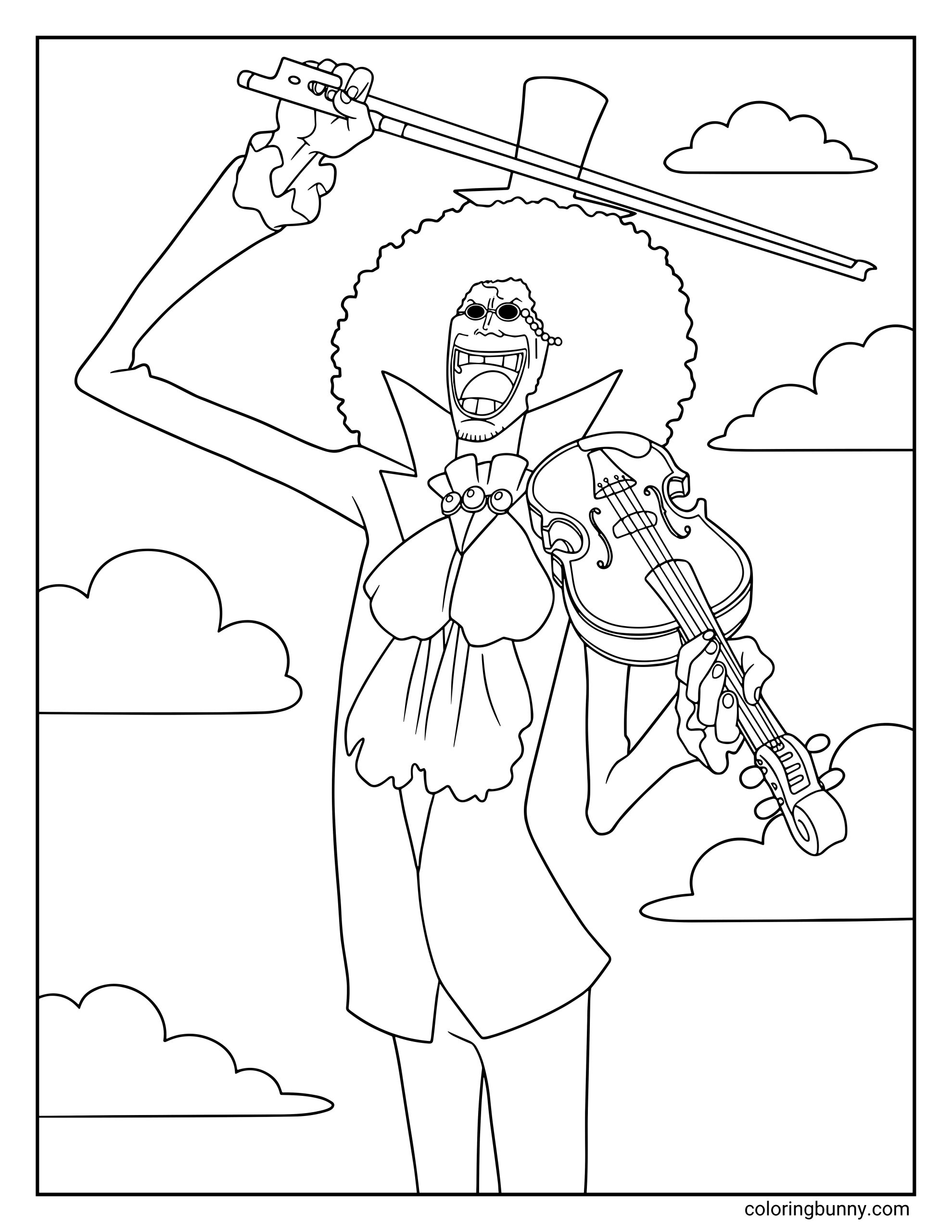 A Brook One Piece coloring page showing the Straw Hat Pirates’ skeleton musician happily playing his violin. Wearing his tall top hat, round sunglasses, and elegant coat, Brook raises his bow high while performing music under a sky filled with clouds.