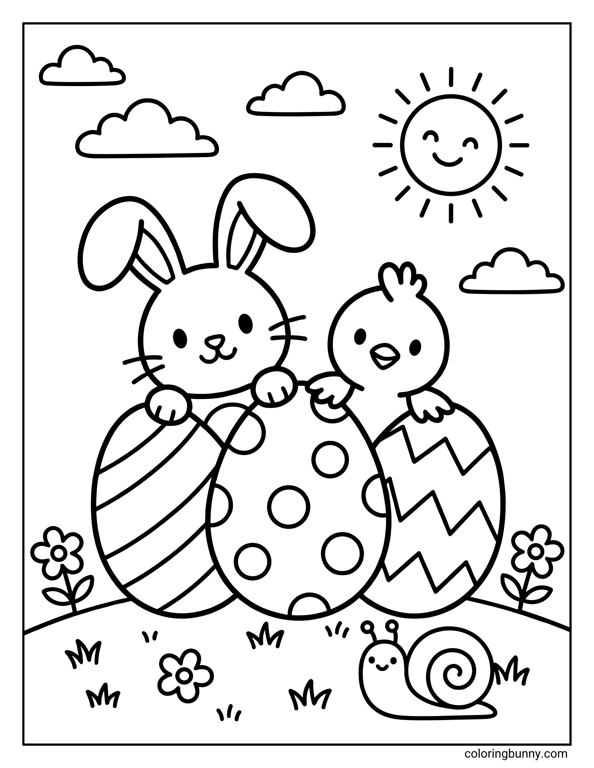 A kids Easter coloring page of an adorable bunny and a tiny chick peeking out from behind three large decorated Easter eggs in a garden with a smiling sun.