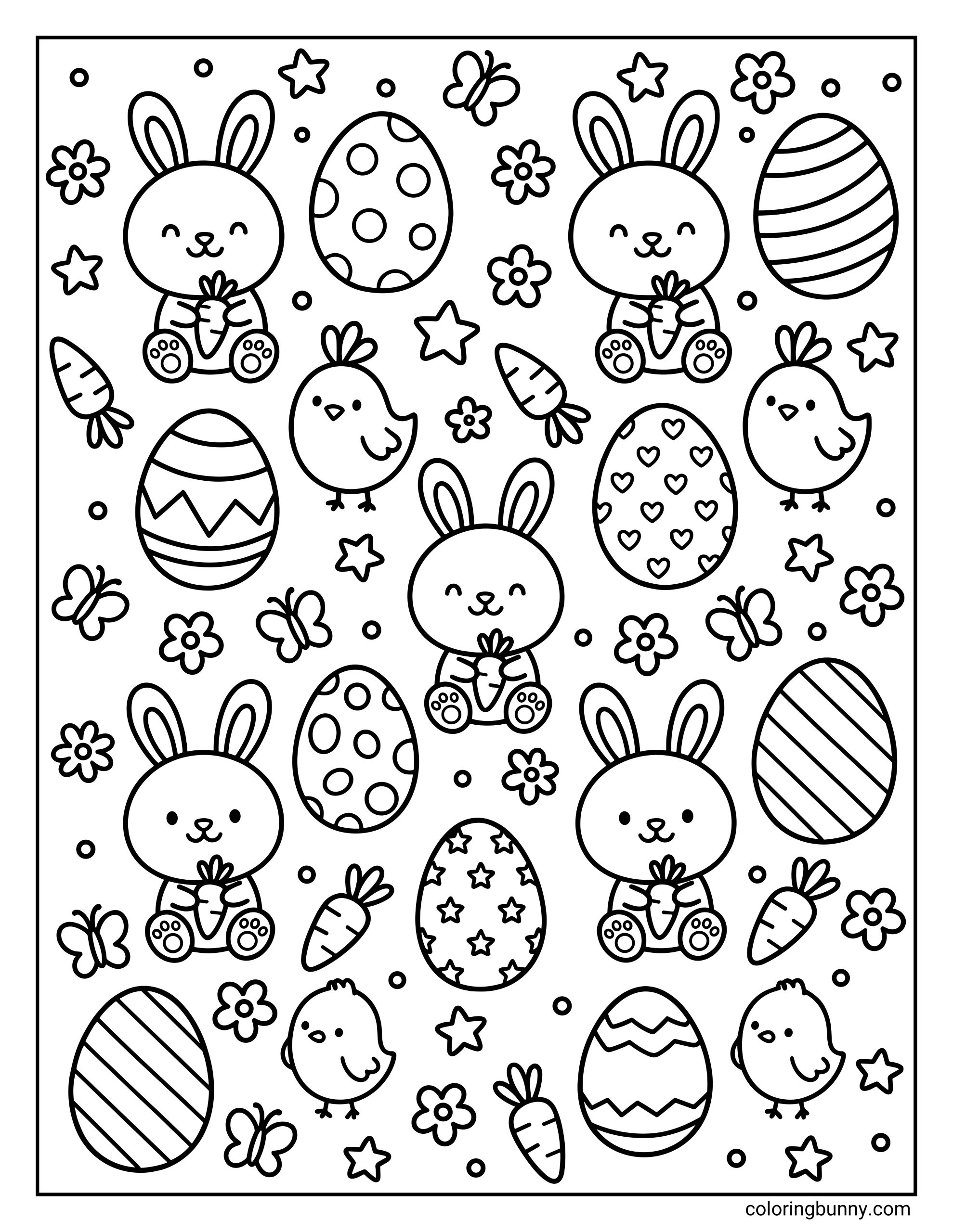 A coloring page of a playful repeating Easter pattern including bunnies with carrots, baby chicks, decorated eggs, butterflies, flowers, and stars scattered across the scene.