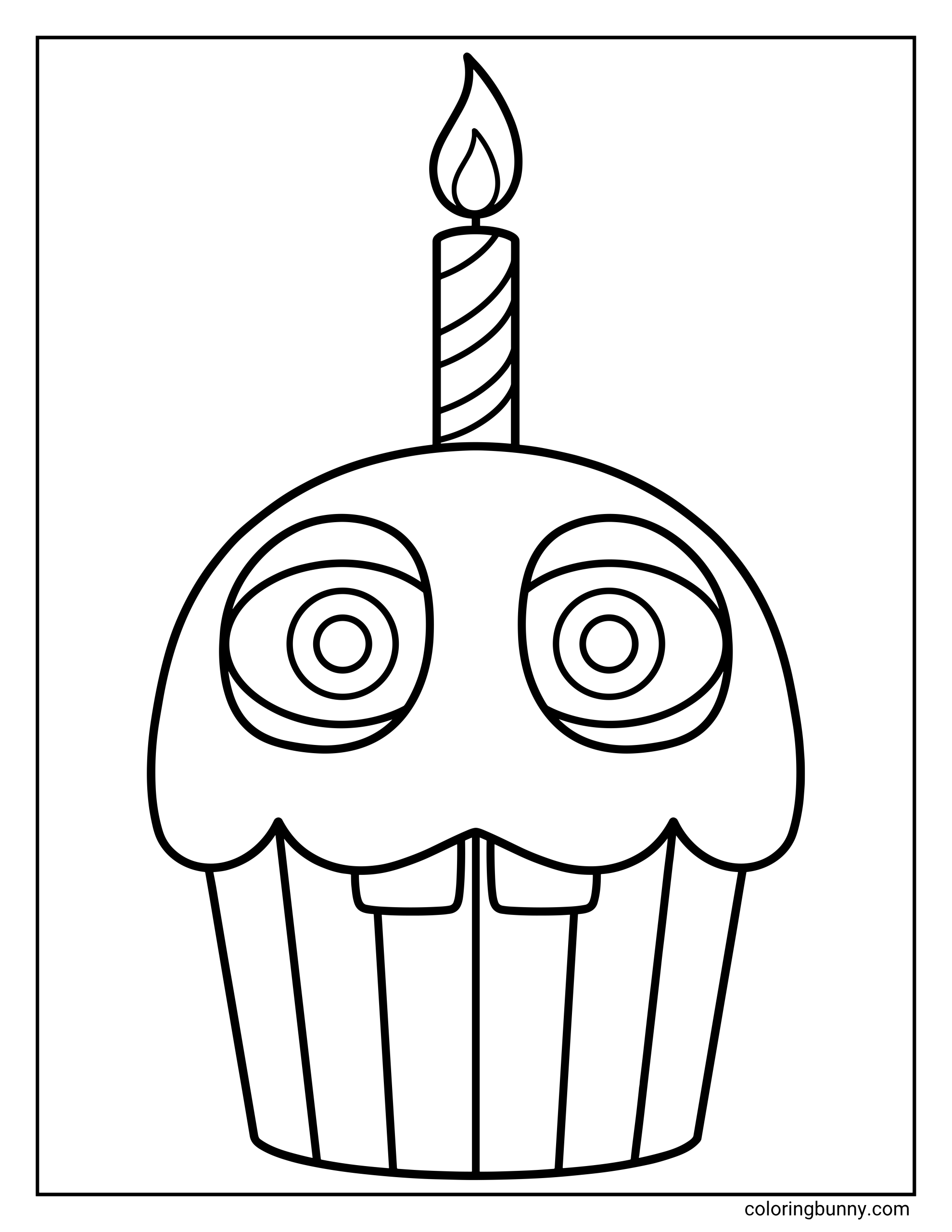 Five Nights at Freddy's coloring page showing Carl the Cupcake with wide eyes and a burning candle on top.