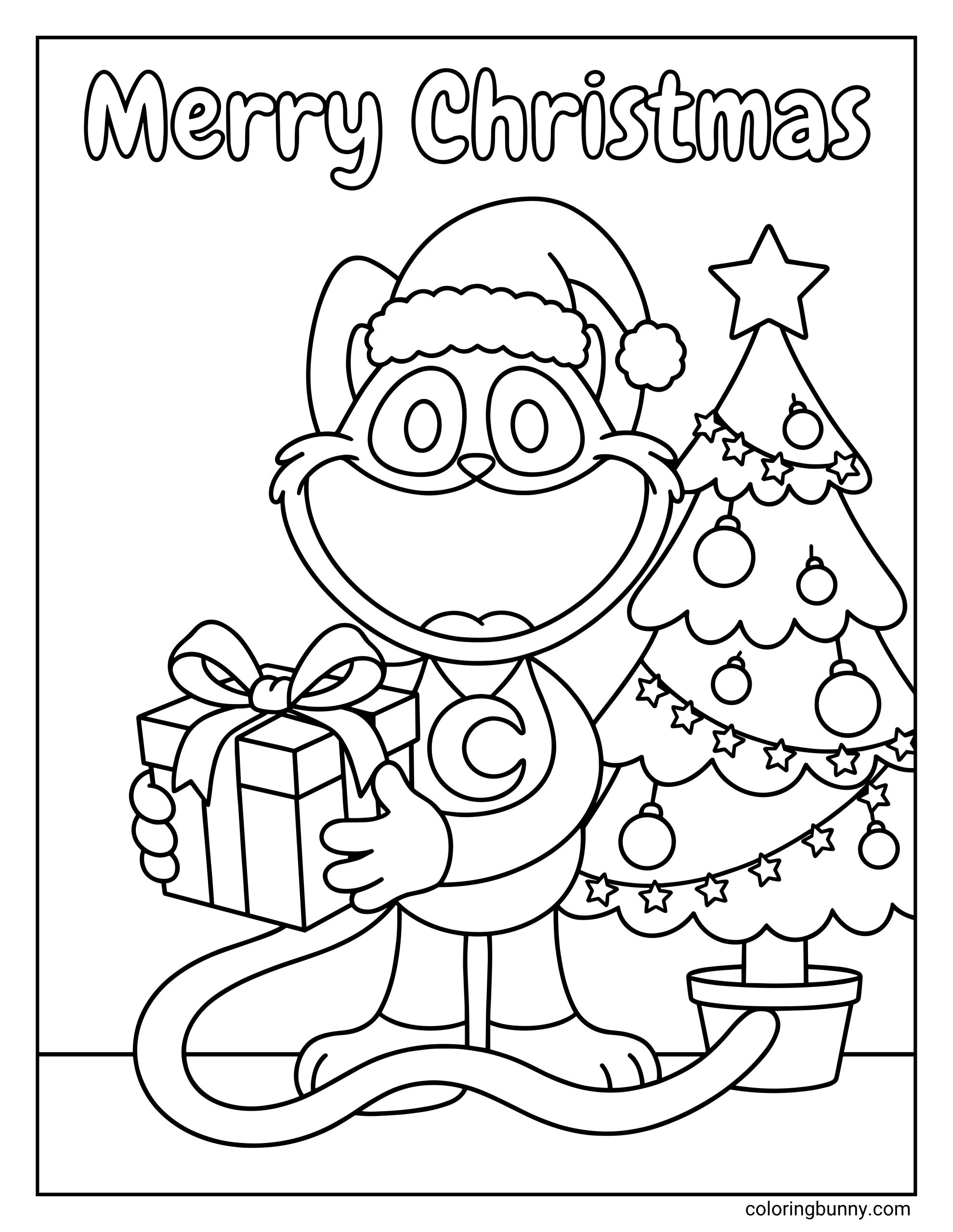 CatNap Christmas coloring page showing CatNap from Poppy Playtime holding a present next to a decorated Christmas tree with ornaments, stars, and garland.