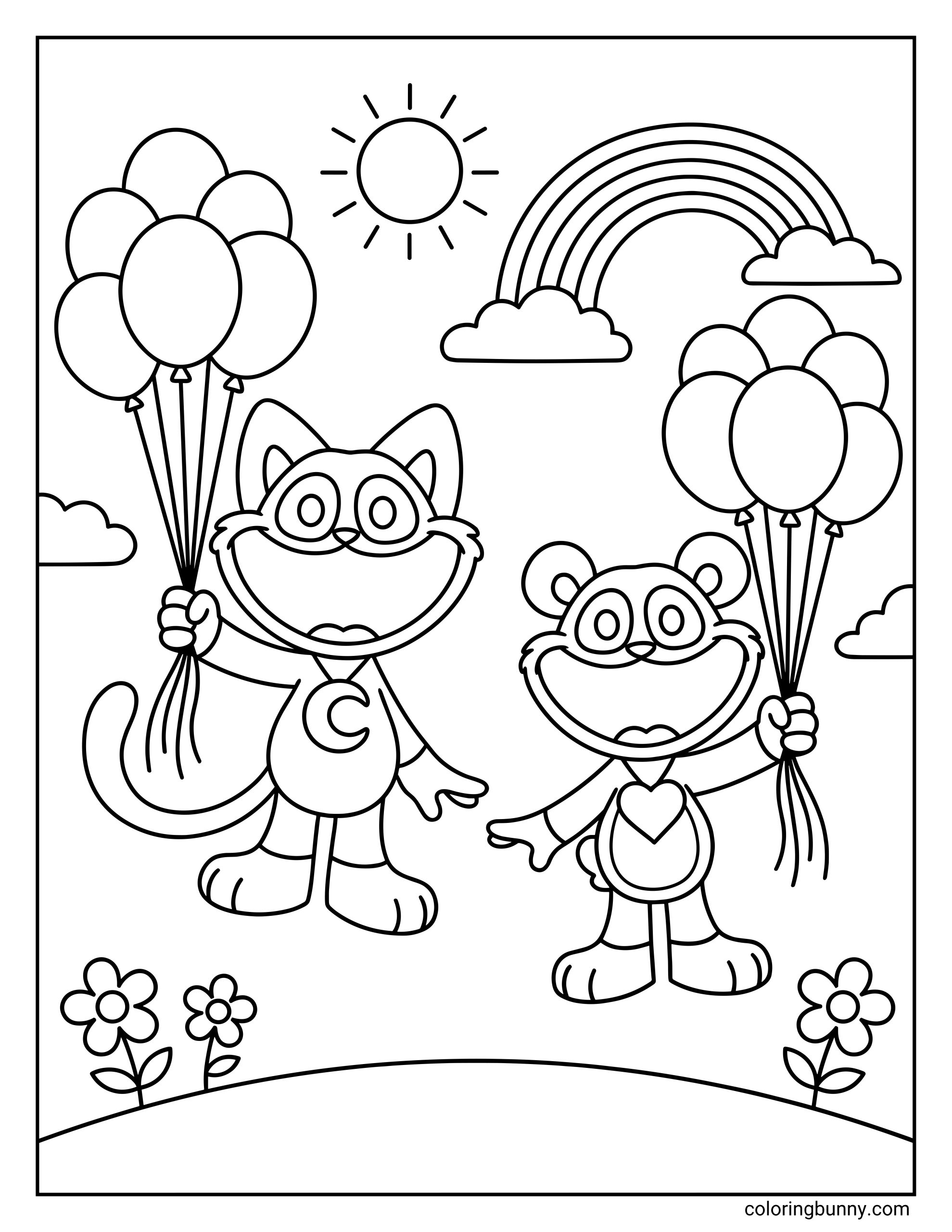 A coloring page of CatNap and Bobby BearHug from Poppy Playtime holding bunches of balloons outdoors, with a rainbow, sun, clouds, and flowers