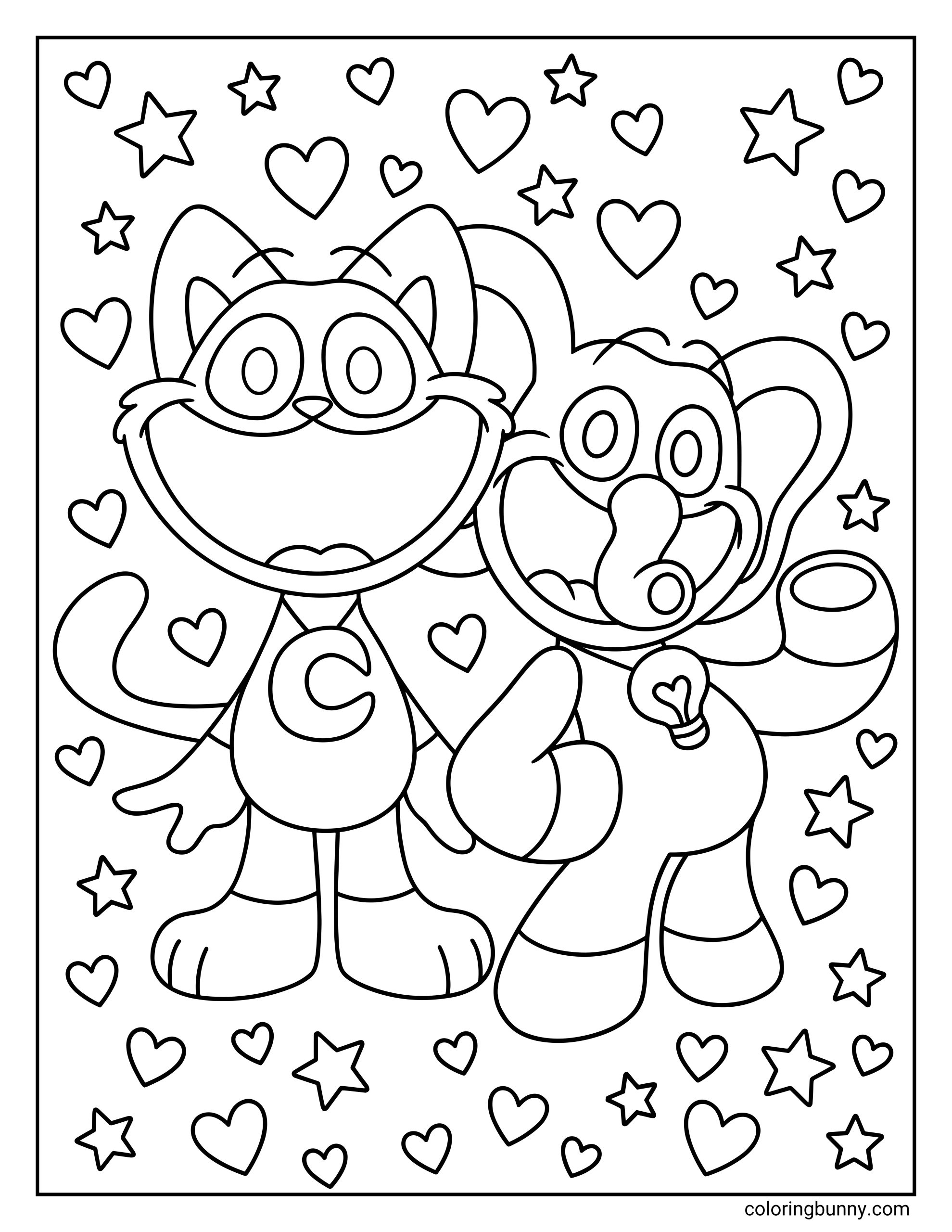 A coloring page of CatNap and Bubba Bubbaphant from Poppy Playtime standing together with smiles, surrounded by hearts and stars