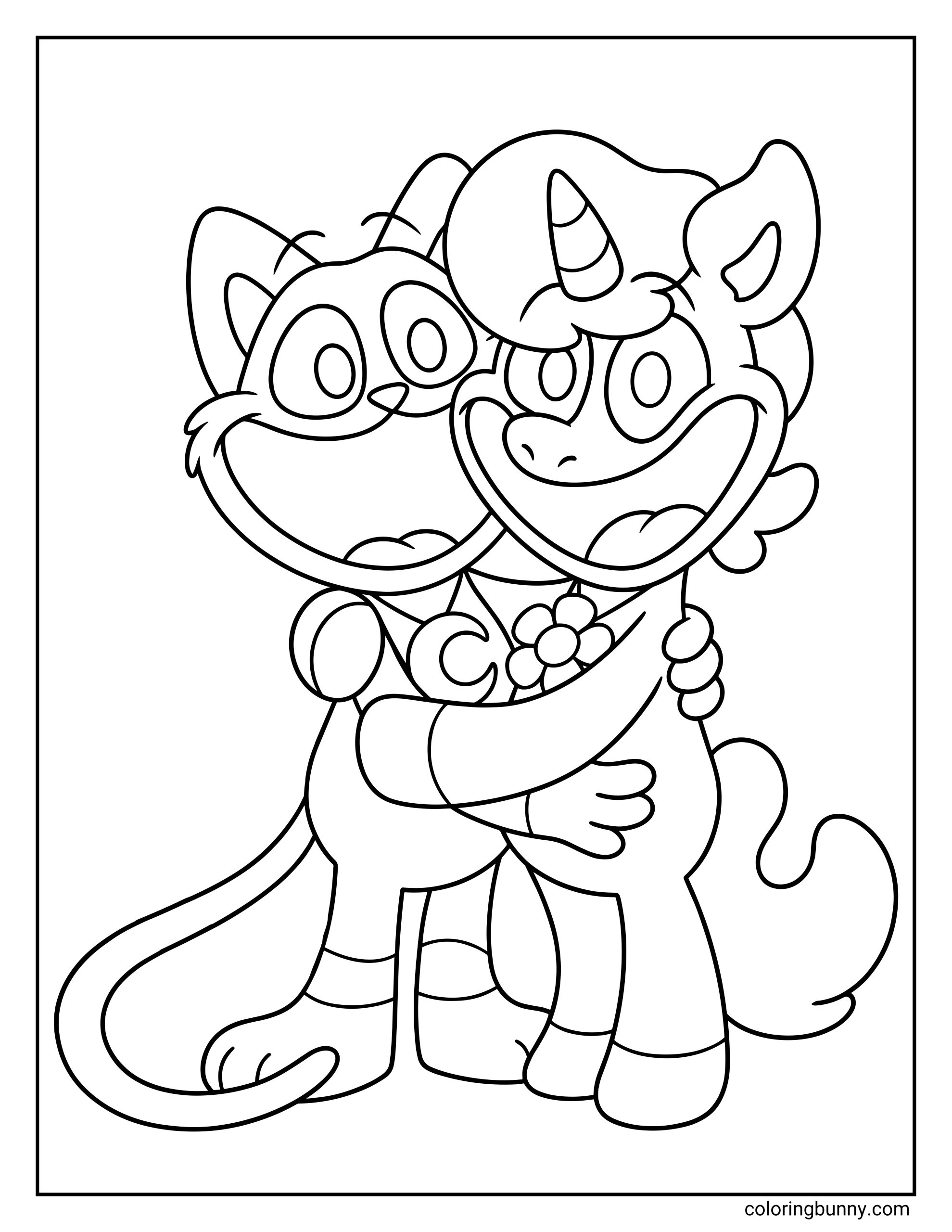 A simple coloring page showing CatNap from Poppy Playtime hugging CraftyCorn, featuring CatNap’s long tail and moon emblem beside CraftyCorn’s unicorn horn and necklace.
