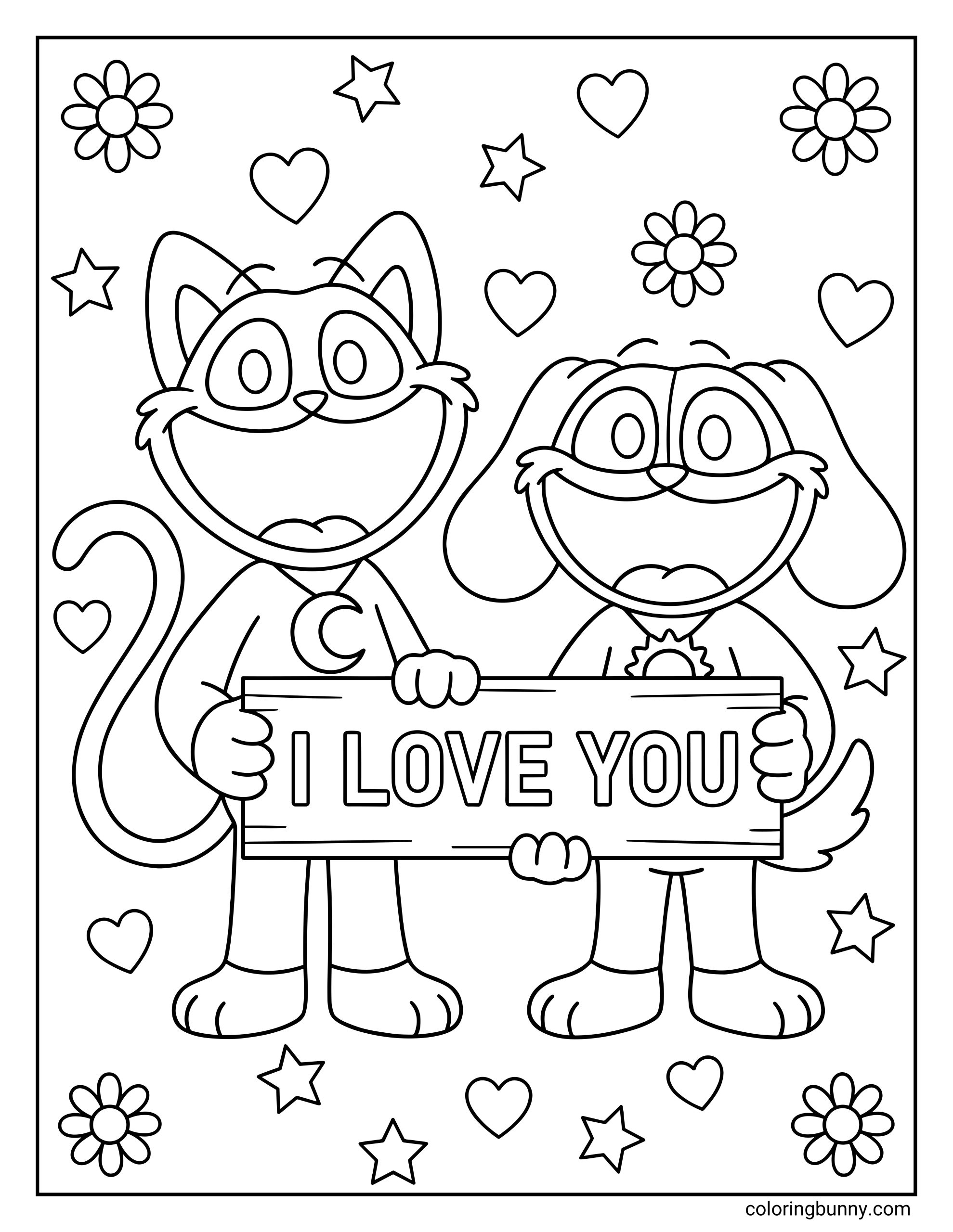 A cute coloring page featuring CatNap and DogDay from Poppy Playtime holding an “I Love You” sign with hearts and stars filling the background.