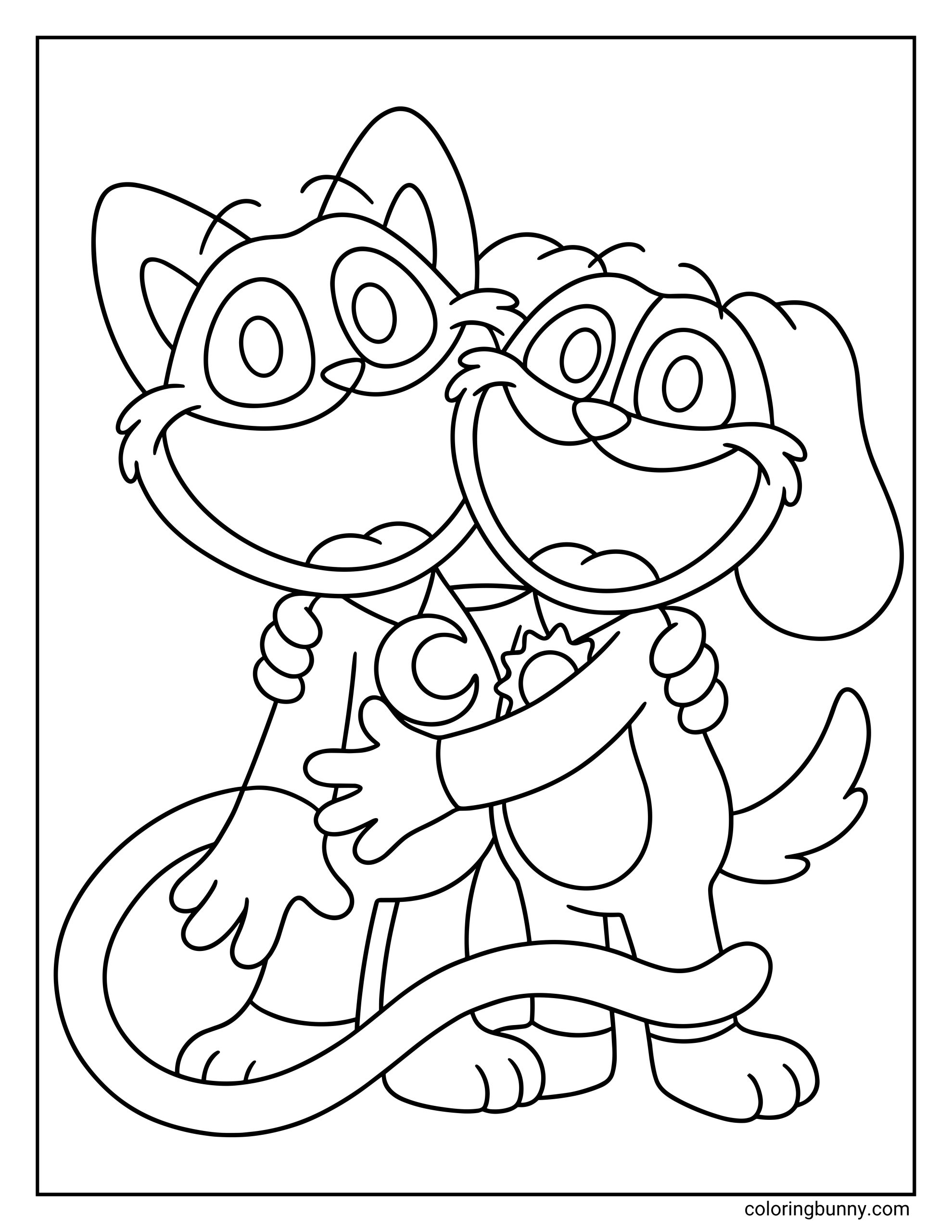 An easy coloring page of CatNap and DogDay hugging happily, drawn with bold cartoon outlines showing their long tails, floppy ears, and cheerful expressions.