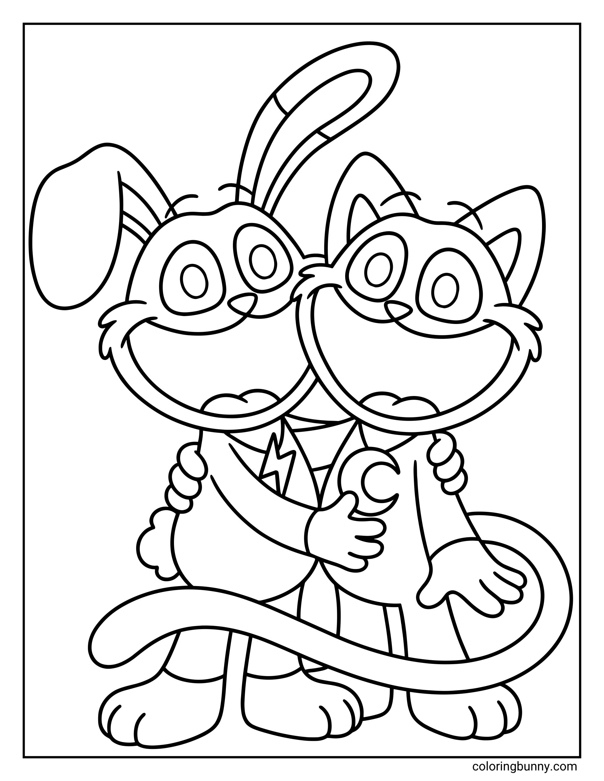 A coloring page of CatNap and Hopscotch from Poppy Playtime hugging with big smiles, showing CatNap’s crescent moon symbol and Hopscotch’s lightning bolt emblem on their chests.