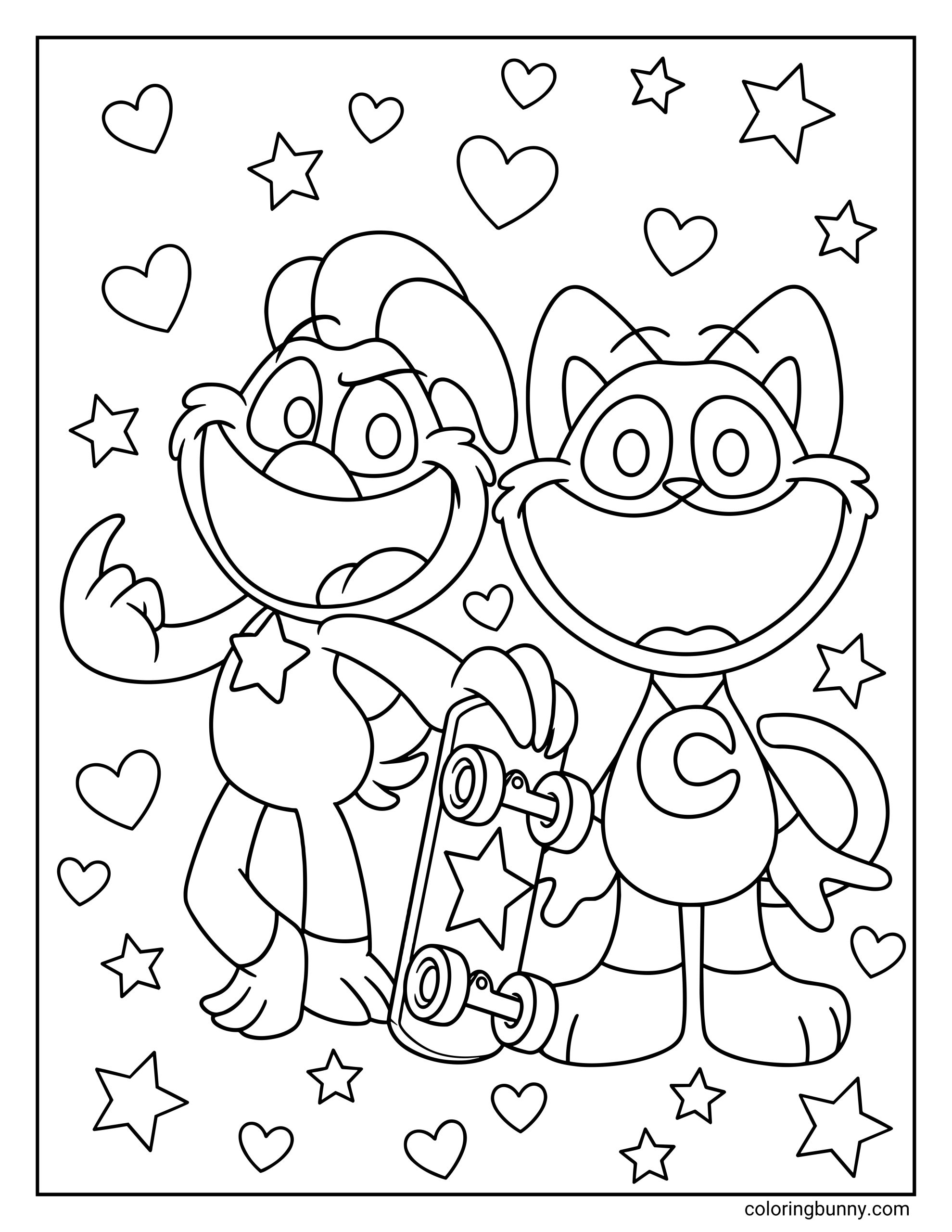 A coloring page of CatNap and KickinChicken from Poppy Playtime standing together, with KickinChicken holding a skateboard and CatNap smiling beside him, surrounded by hearts and stars.