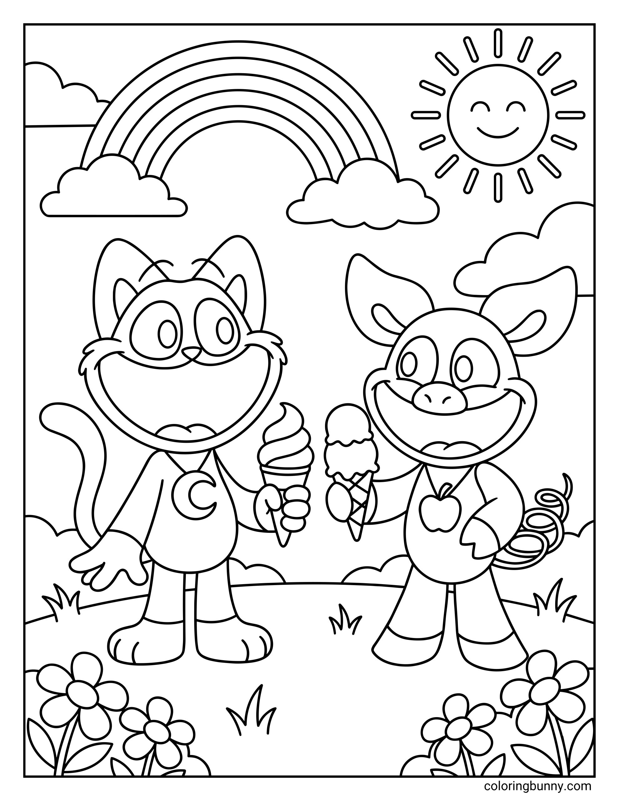A cute coloring page of CatNap and PickyPiggy from Poppy Playtime eating ice cream outside with a rainbow, sun, and flowers decorating the scene.