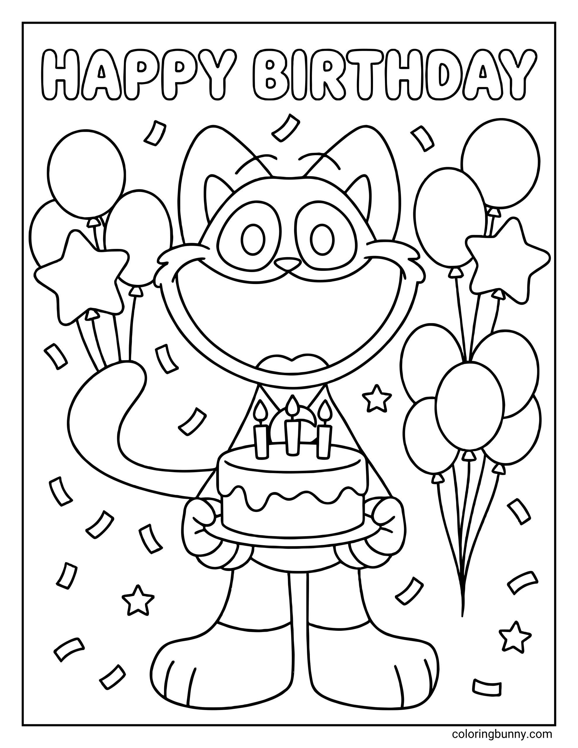 A printable kids coloring page of CatNap from Poppy Playtime holding a birthday cake while balloons and confetti surround the scene under the words “Happy Birthday.”