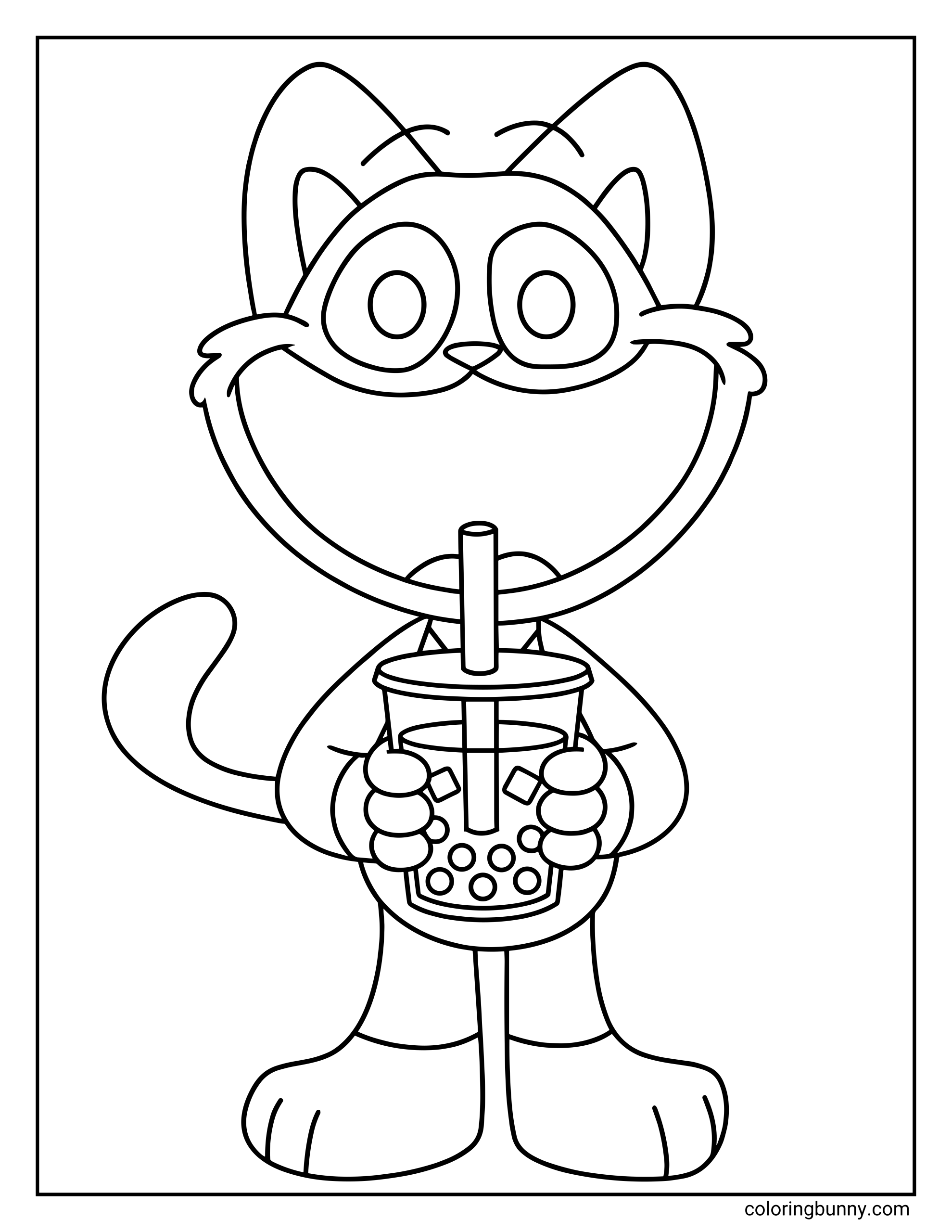 A coloring page of CatNap from Poppy Playtime holding a large cup of boba tea with a wide straw, smiling while the tapioca pearls sit at the bottom of the drink.