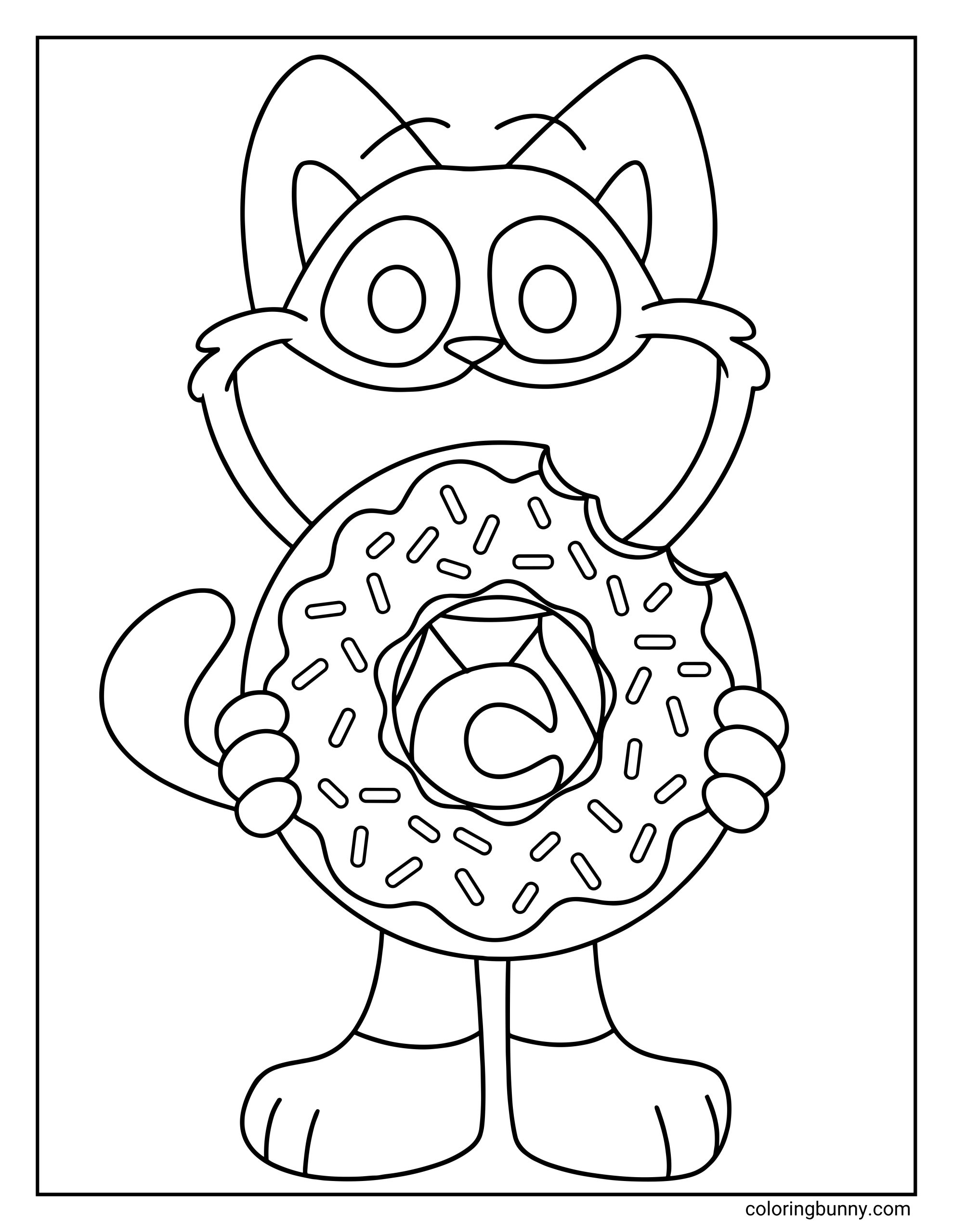 A CatNap coloring page of the Poppy Playtime character holding a giant sprinkled donut with a bite missing from the top.
