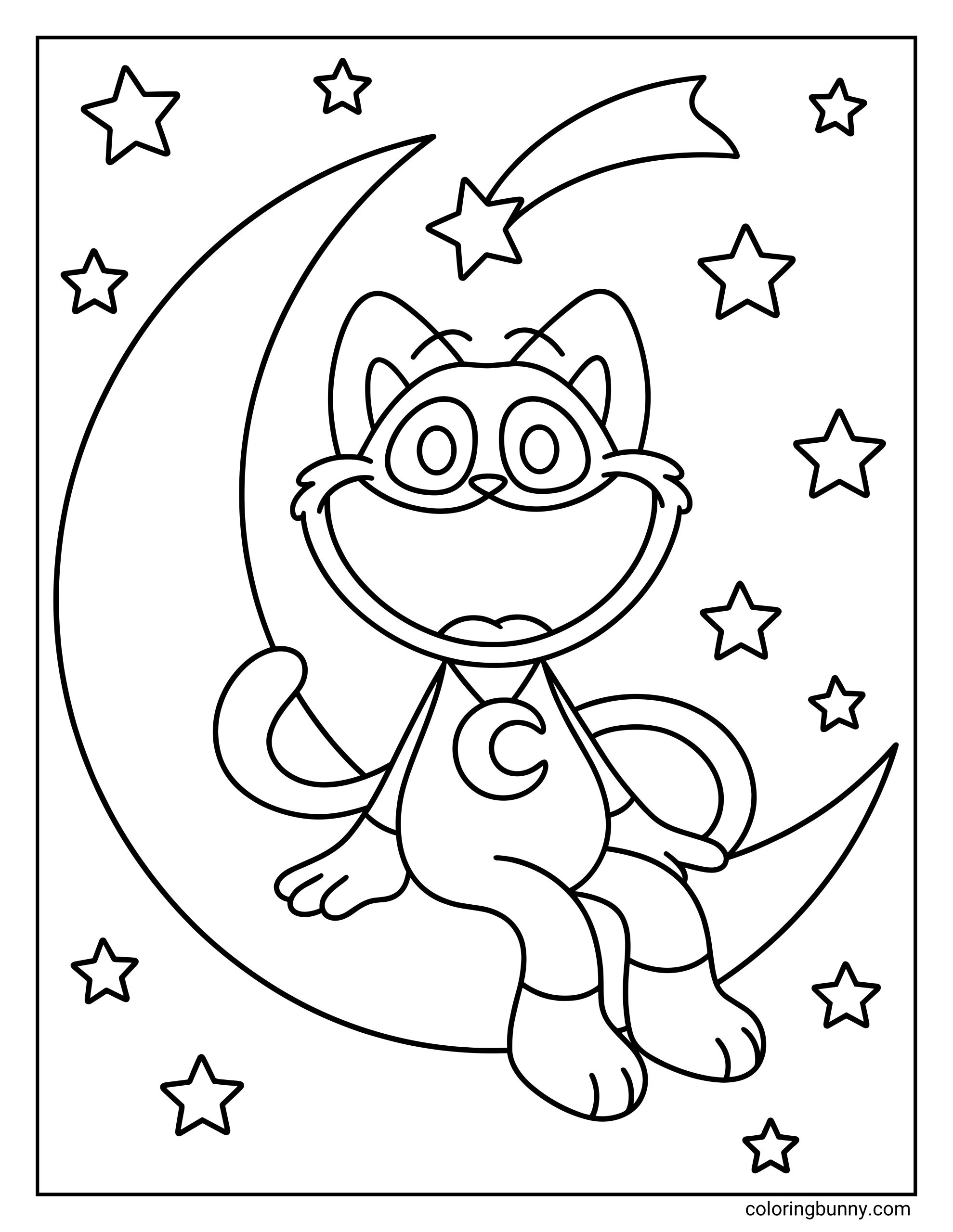 A fun coloring page featuring CatNap from Poppy Playtime perched on a crescent moon with bright stars filling the background in a playful night scene.