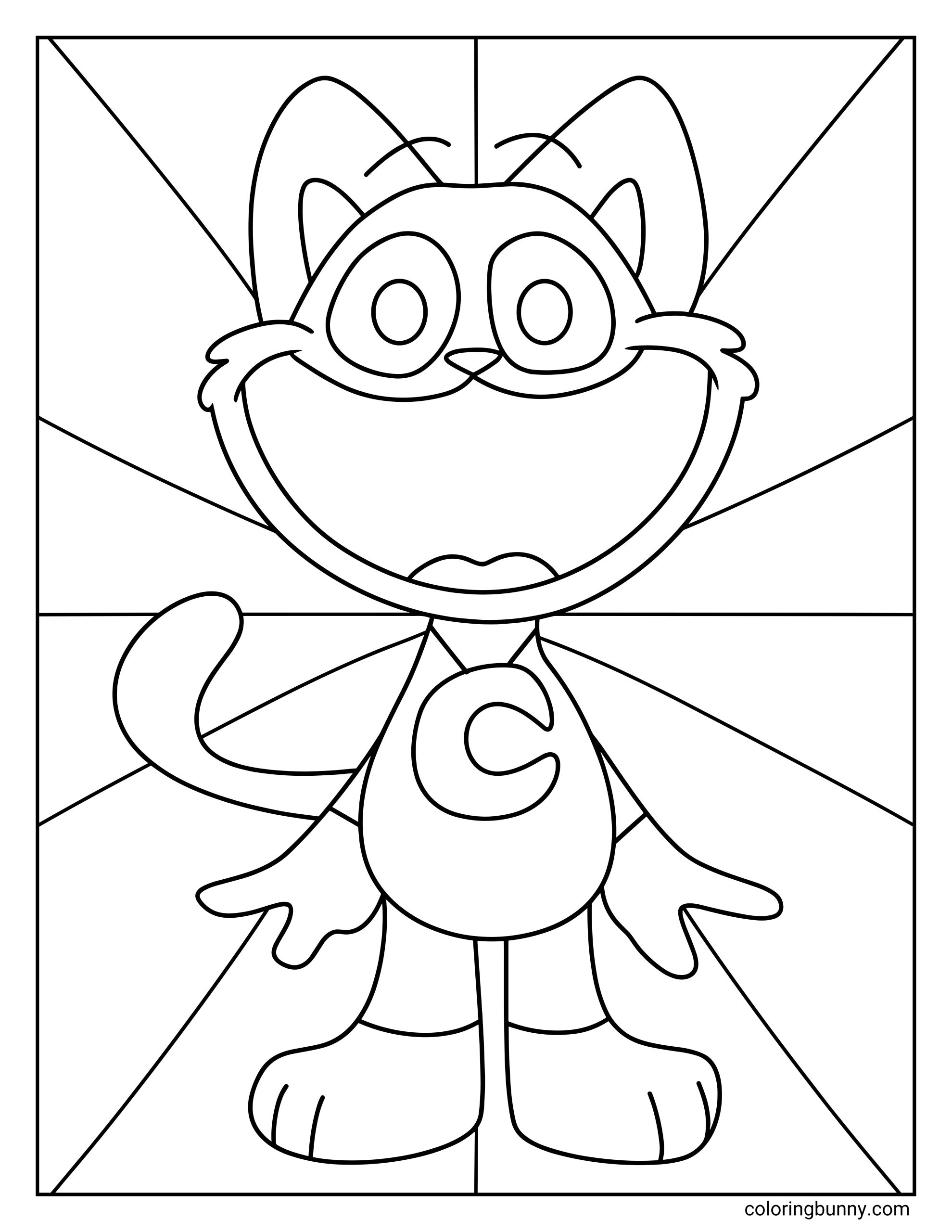 An easy kids coloring page of CatNap from Poppy Playtime smiling widely while standing upright with large eyes and the letter C on his belly, surrounded by simple geometric shapes in the background.