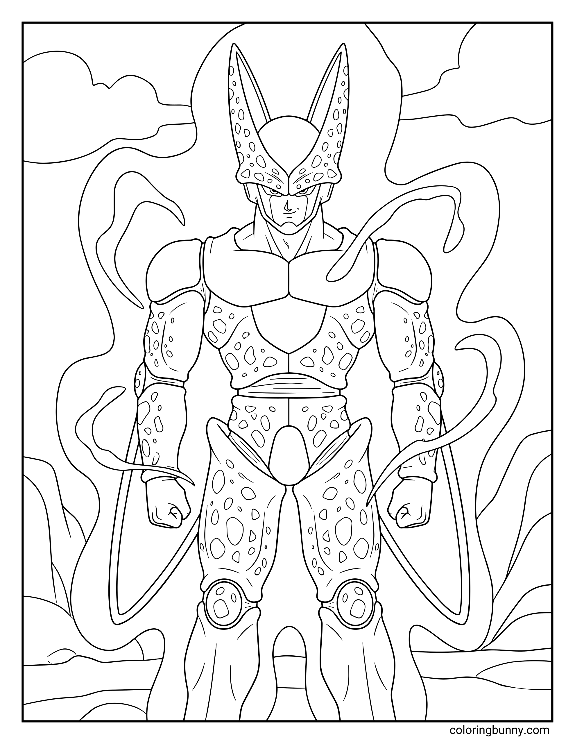 A Dragon Ball Z coloring page featuring Perfect Cell standing confidently with energy swirling around him. The powerful bio-android faces forward as his aura rises behind him in a dramatic battle scene.