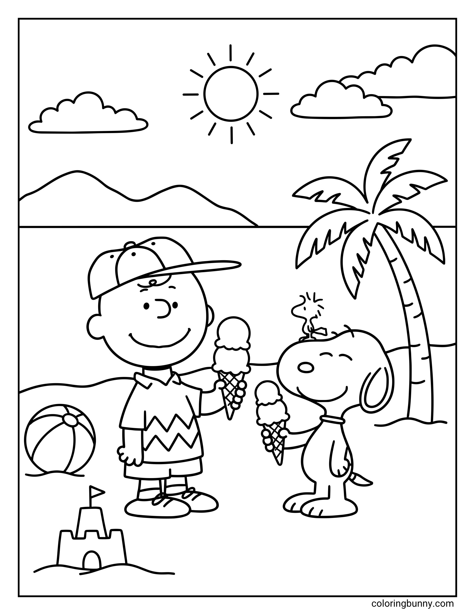 Charlie Brown, Snoopy, and Woodstock beach coloring page showing Charlie Brown and Snoopy standing on the sand with ice cream cones, while Woodstock sits on Snoopy’s head near a palm tree, sandcastle, beach ball, and ocean backdrop.
