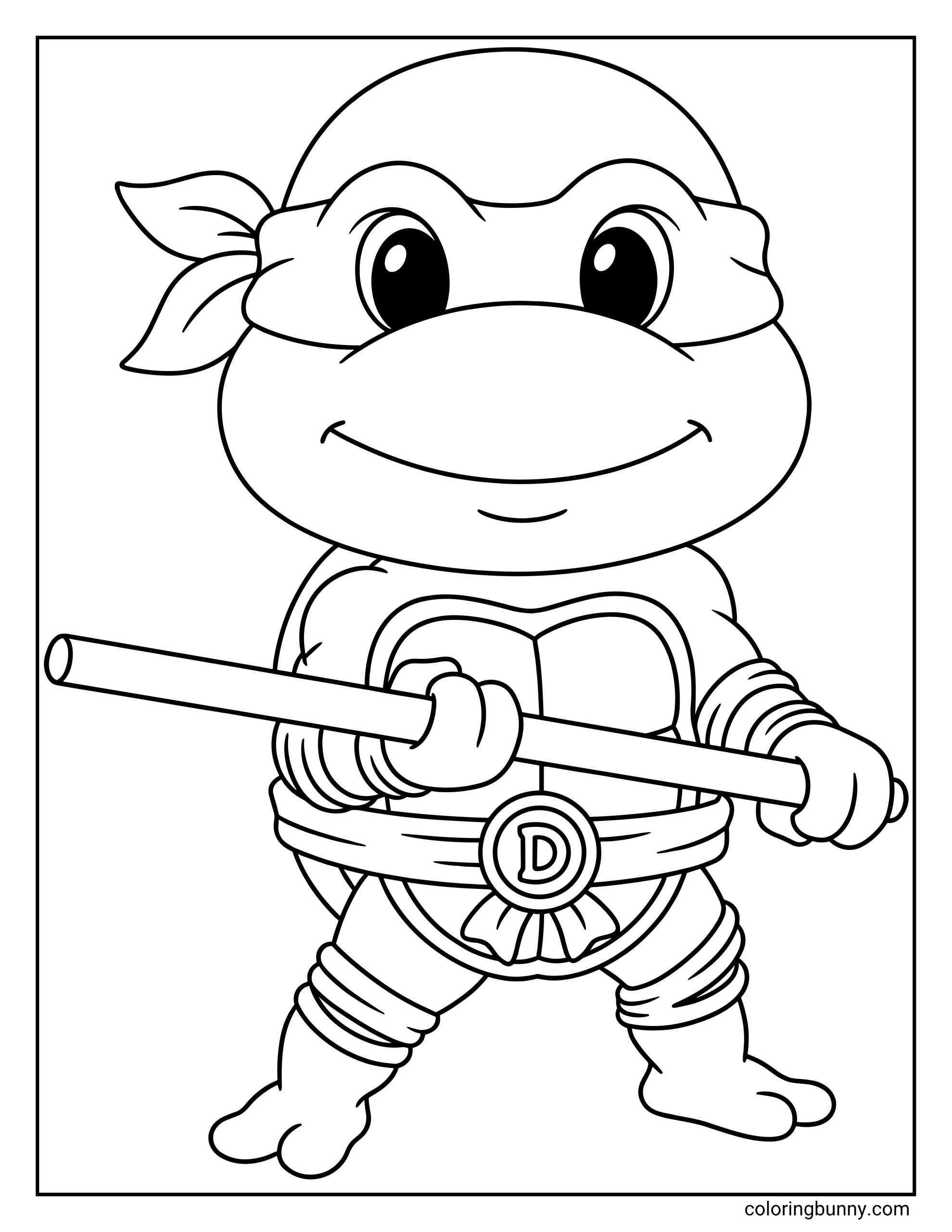 An easy coloring page of a cute chibi version of Donatello from the Ninja Turtles holding his wooden bo staff.