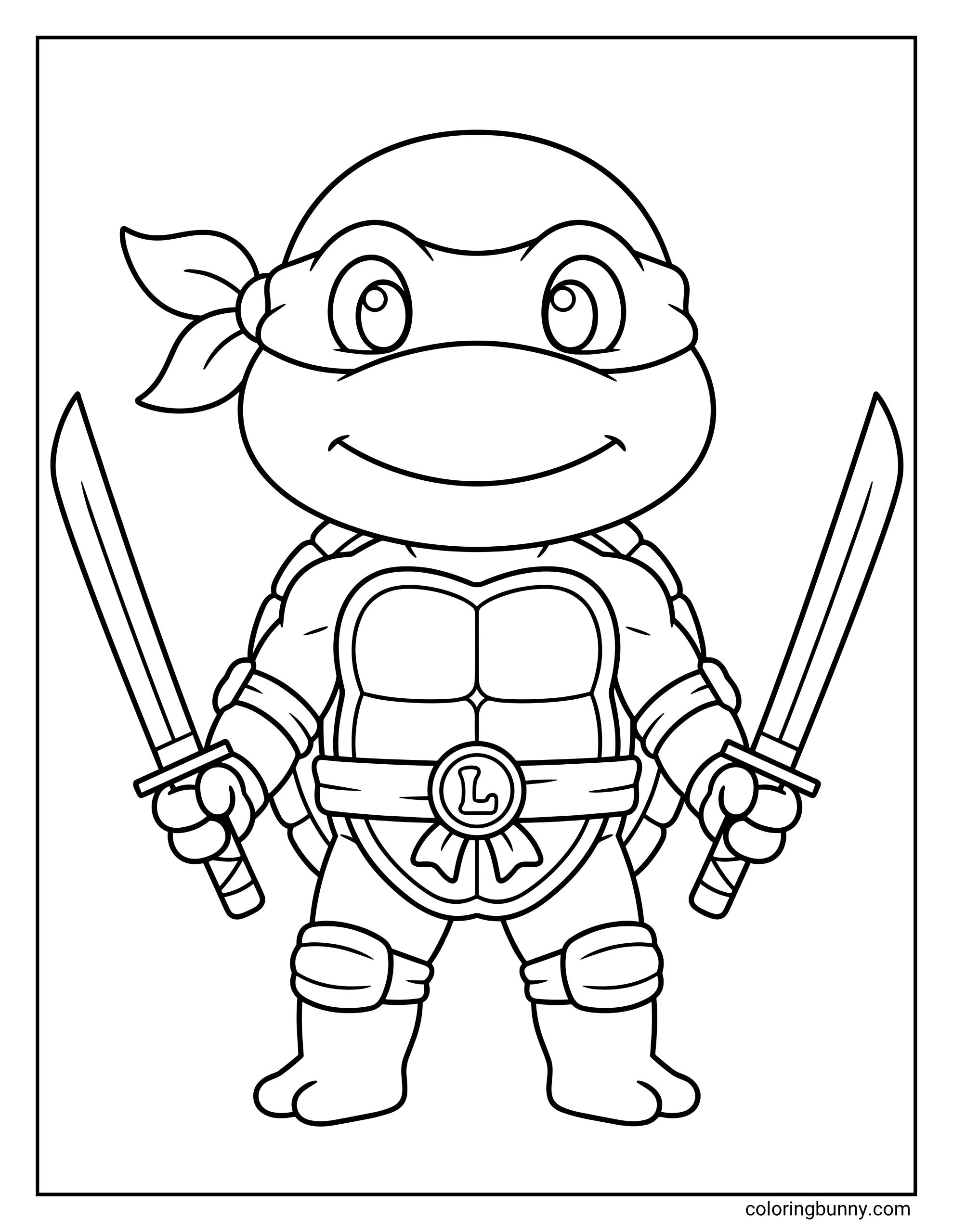 A simple coloring page of a cute chibi Leonardo from the Ninja Turtles holding his twin katanas and smiling.