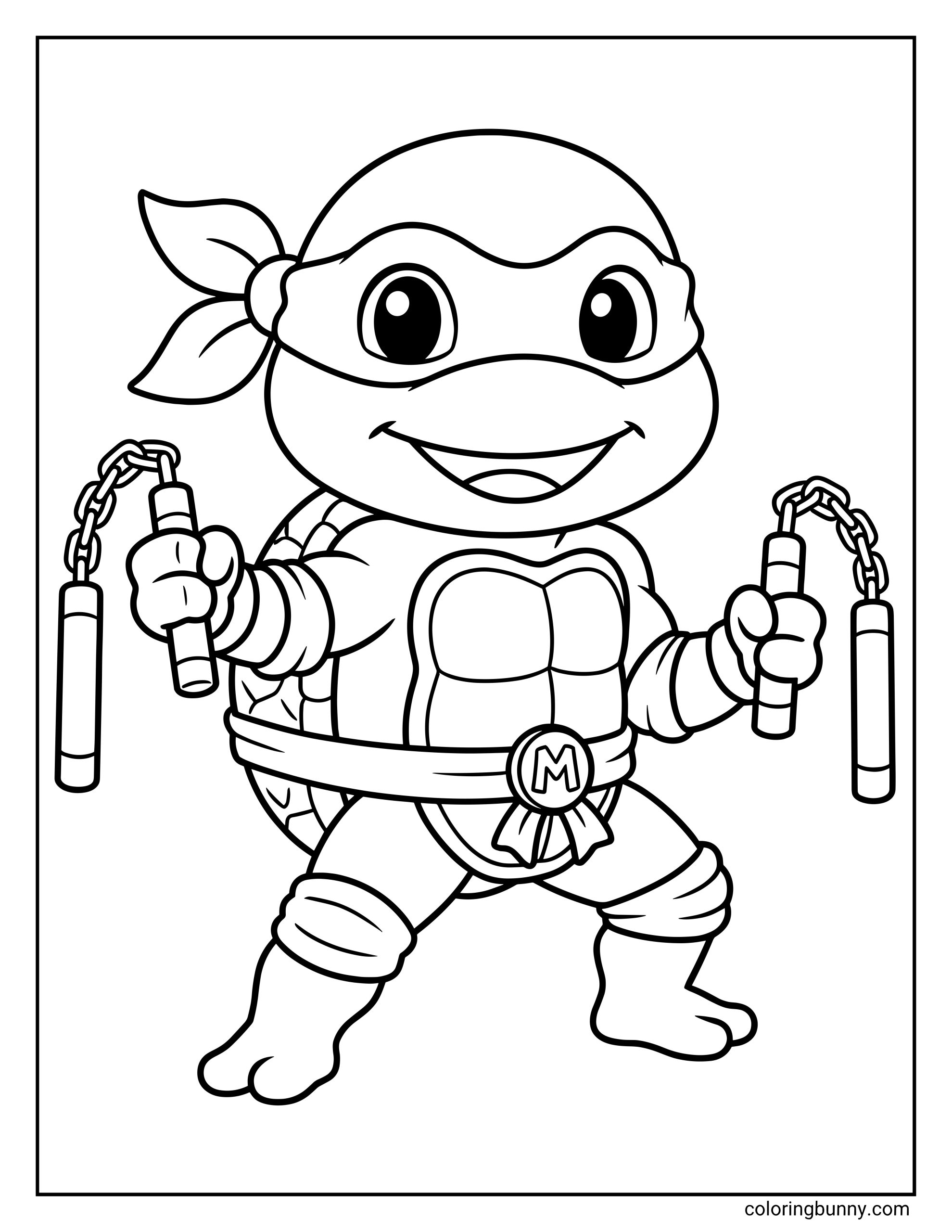 A cute coloring page of a cute chibi Michelangelo standing in a heroic pose with his signature nunchucks ready.