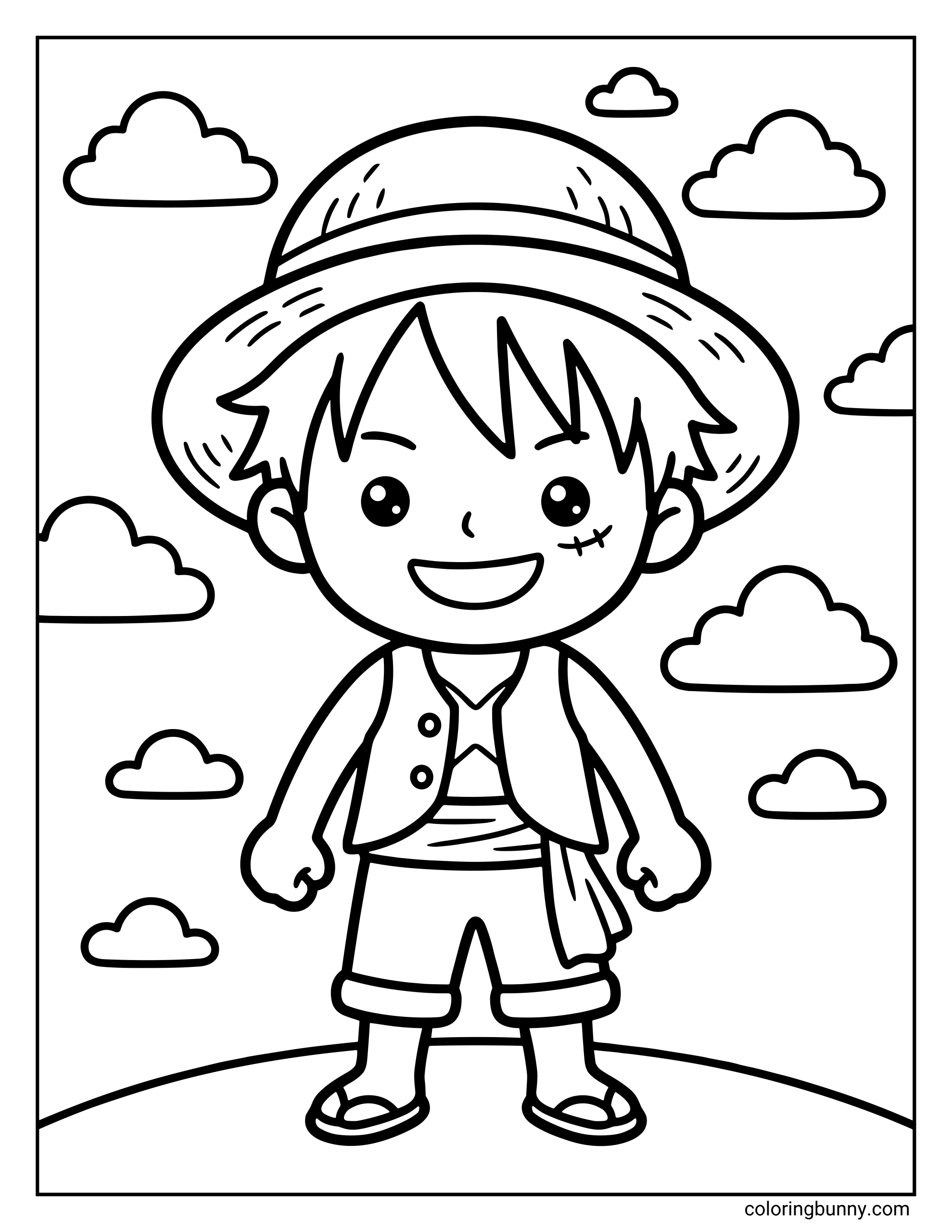 A chibi Monkey D. Luffy One Piece coloring page showing the Straw Hat captain in a cute, simplified style. Luffy stands smiling with his iconic straw hat, vest, shorts, and sandals, surrounded by fluffy clouds in the sky.