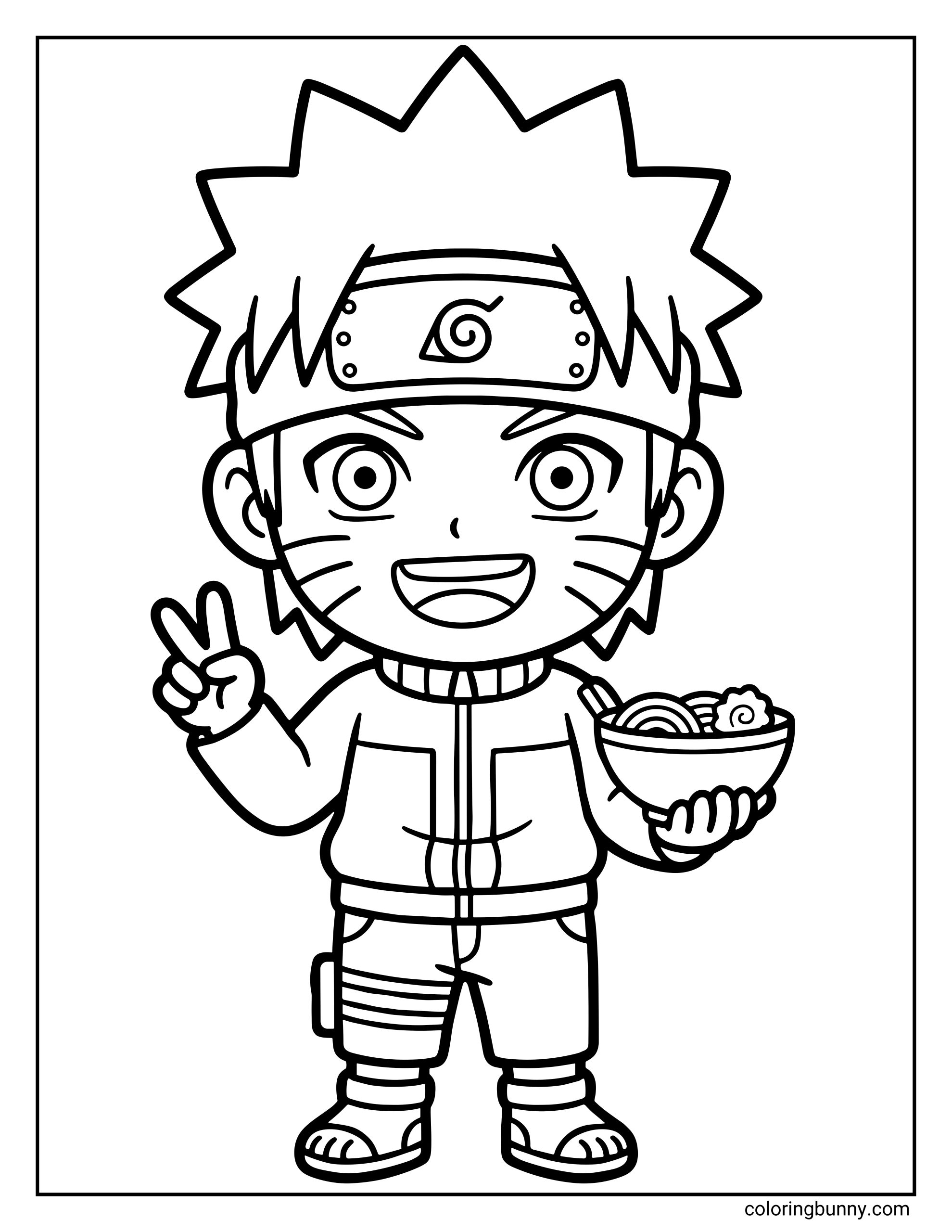 A cute chibi-style Naruto coloring page featuring Naruto Uzumaki smiling happily while holding a bowl of ramen in one hand and making a peace sign with the other. The cute, simplified design shows Naruto wearing his Hidden Leaf headband and ninja outfit from Naruto.