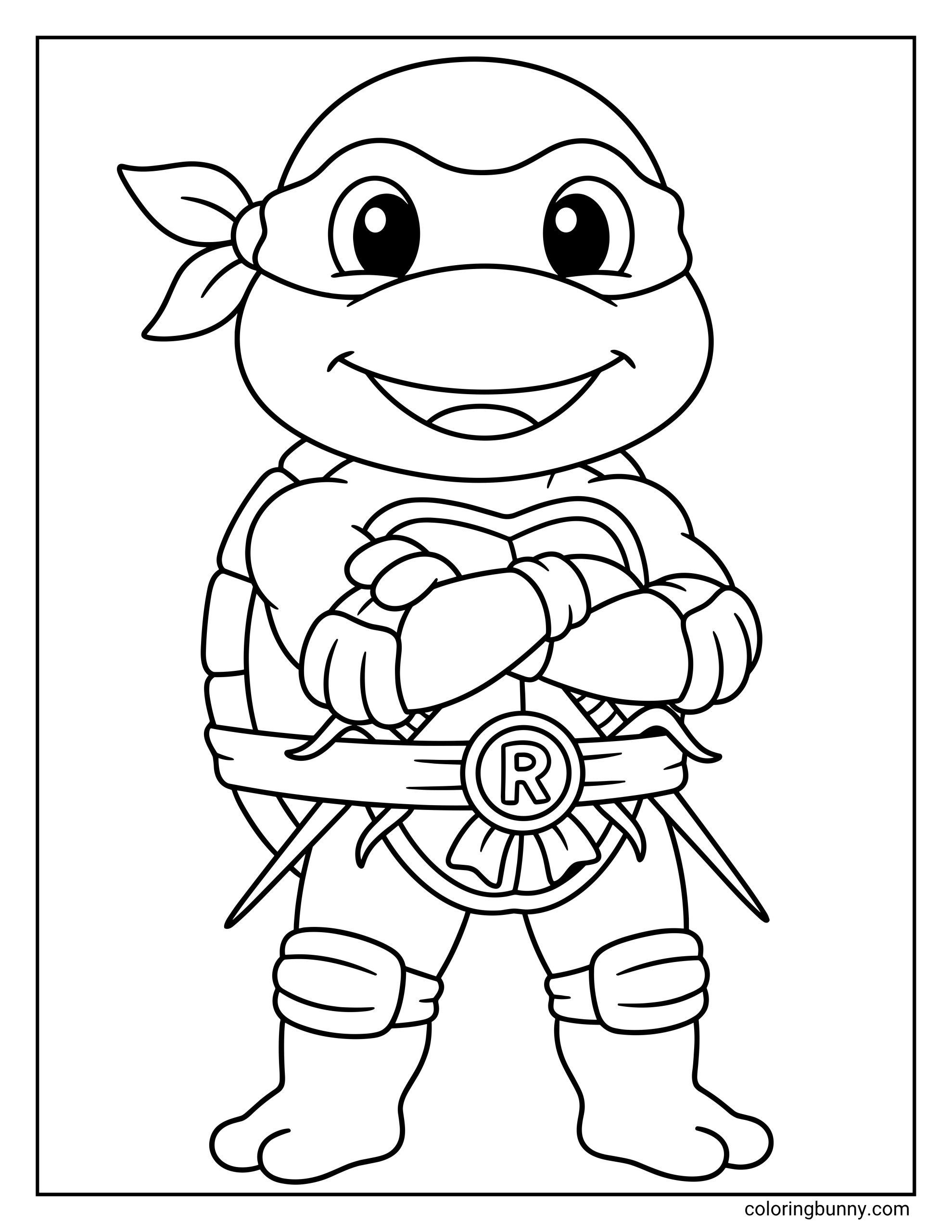 An easy coloring page of a cute chibi Raphael standing with his arms crossed and a friendly smile.