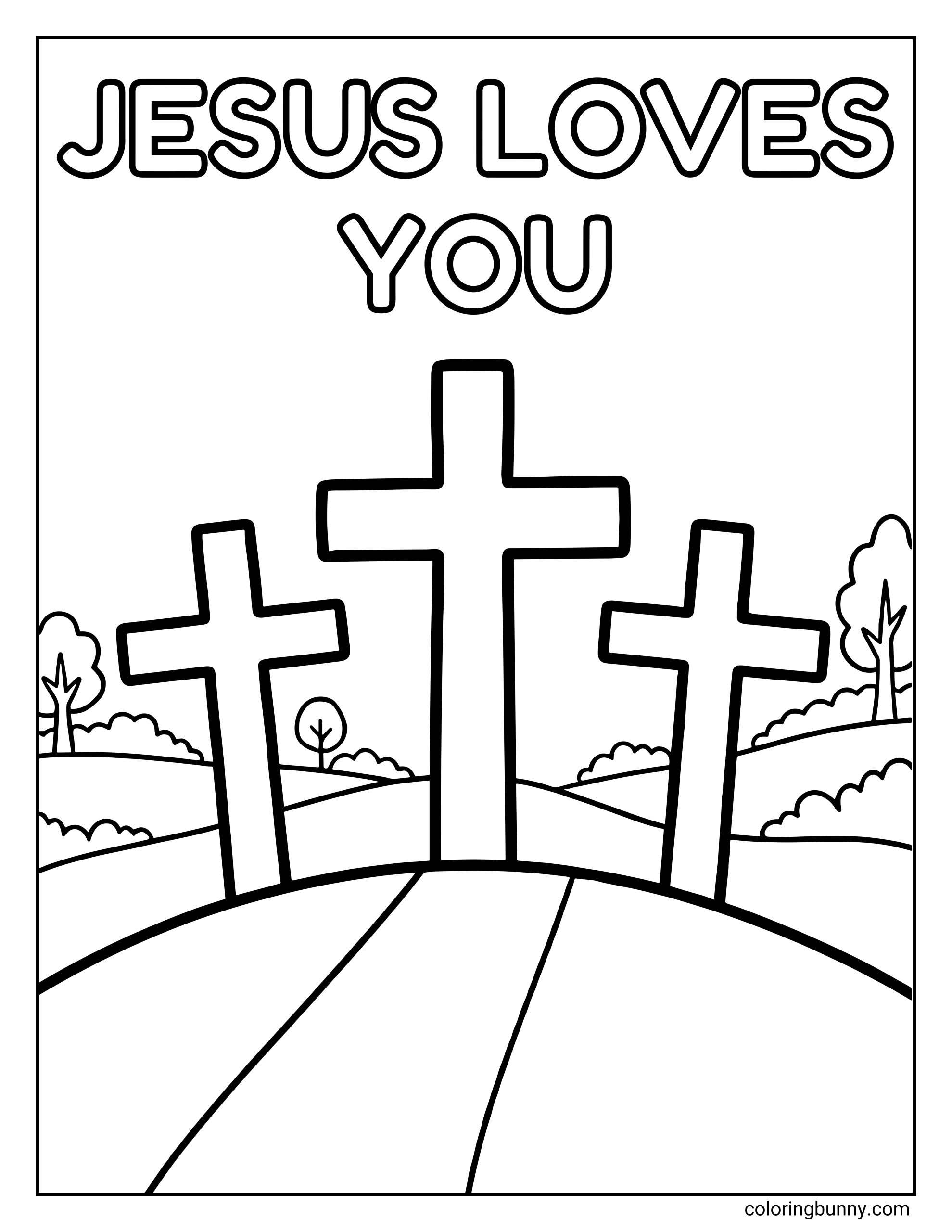 A Christian Easter coloring page with the words “Jesus Loves You” above three large crosses.
