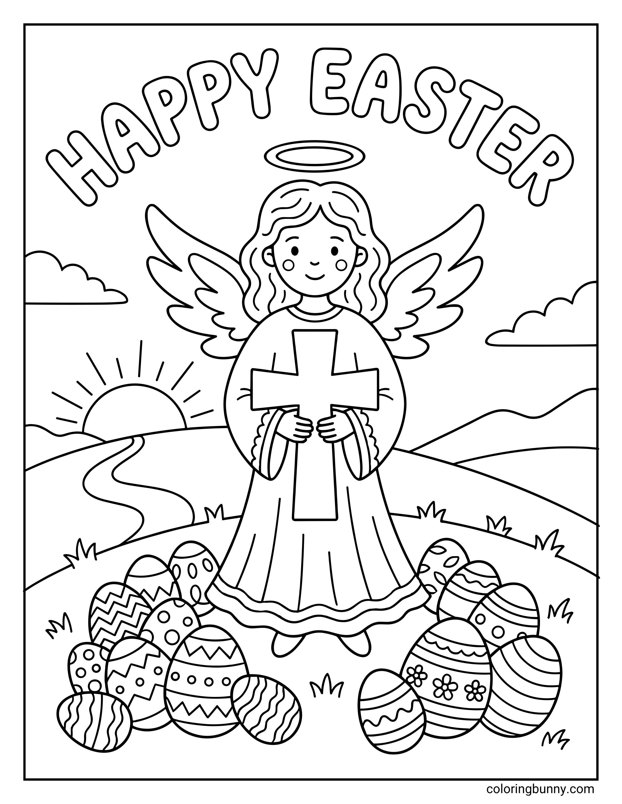 A religious Easter coloring page featuring an angel with wings and halo holding a cross. The words “Happy Easter” appear above while patterned Easter eggs rest in the grass with a sunrise and hills behind.