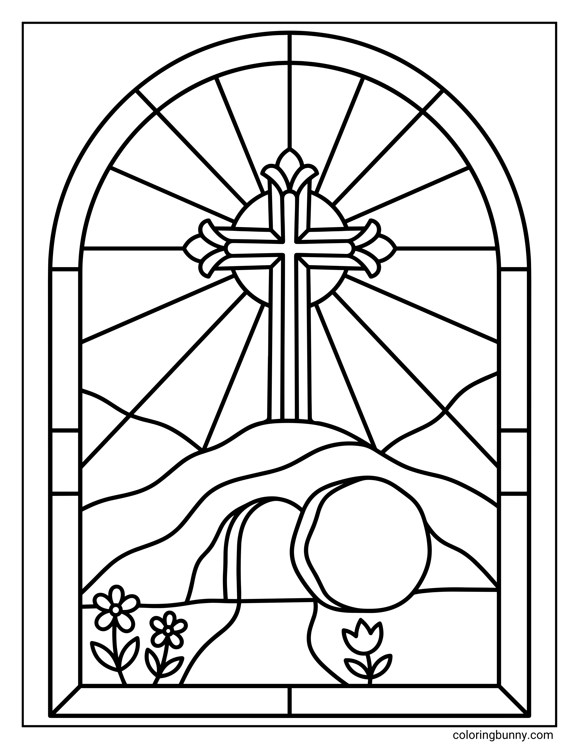 A Christian Easter coloring page styled like a stained glass window. A cross shines above the empty tomb with the stone rolled aside, with flowers in the foreground and rays of light spreading behind the cross.