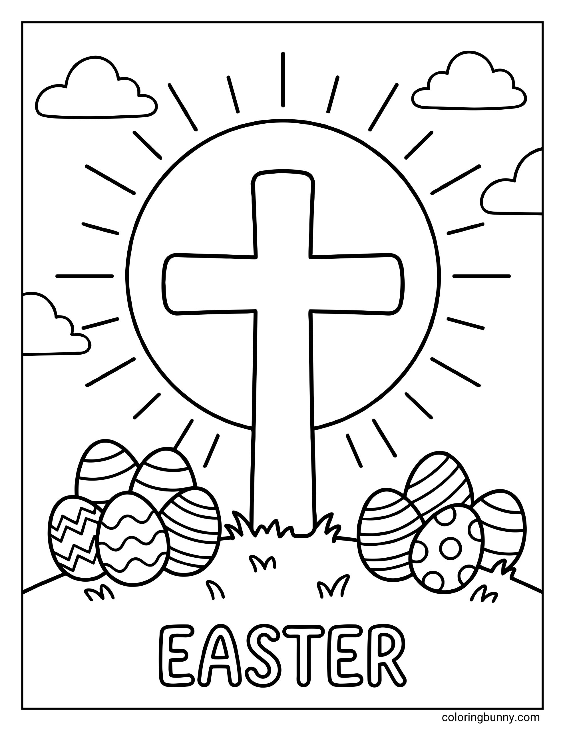 A kids Christian Easter coloring page showing a large cross in front of a bright rising sun, with clouds in the sky and patterned Easter eggs placed in the grass below.