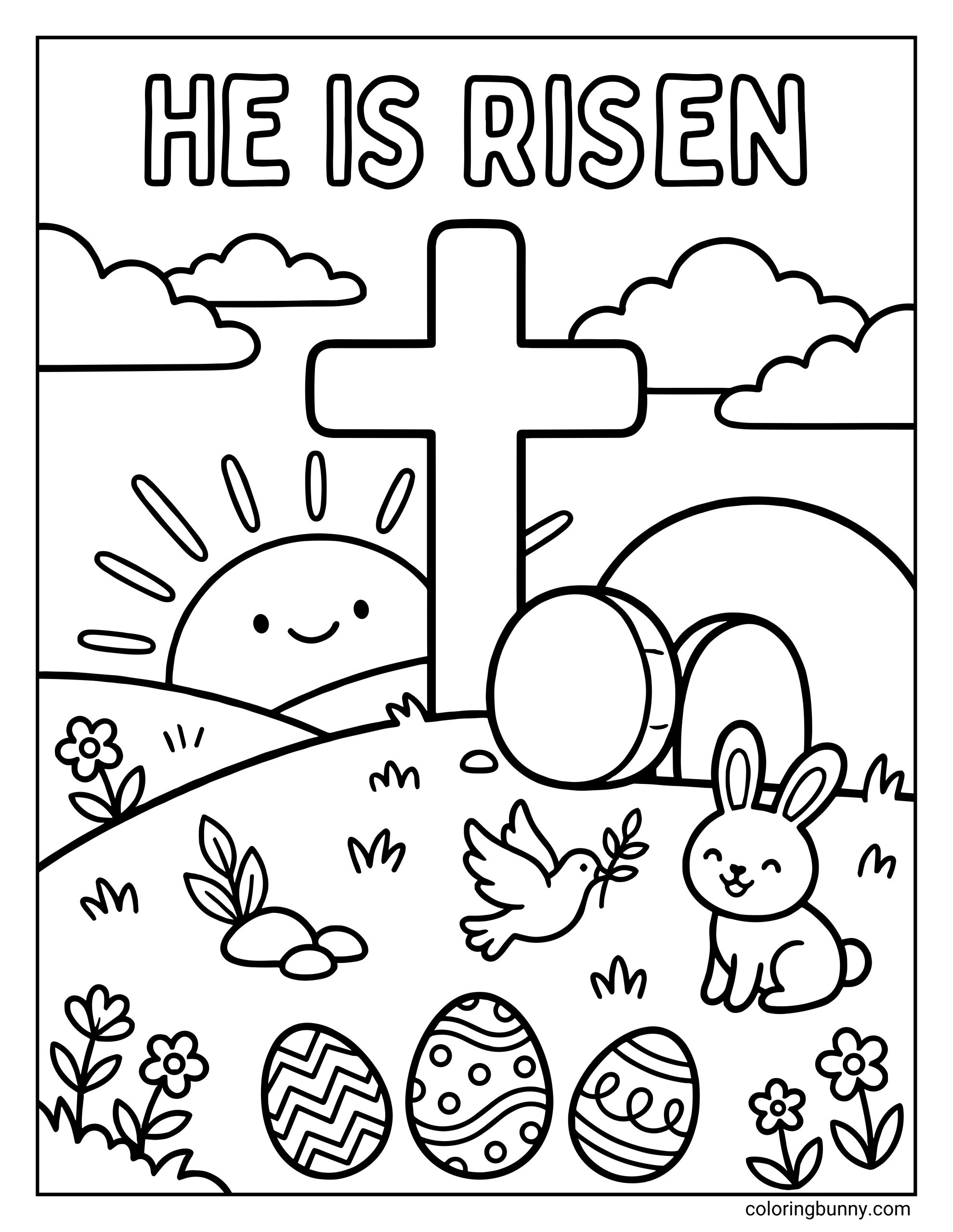 A Christian Easter coloring page showing a cross on a hill beside the empty tomb with the stone rolled away, the sunrise behind it, and Easter eggs, flowers, a dove, and a bunny below.