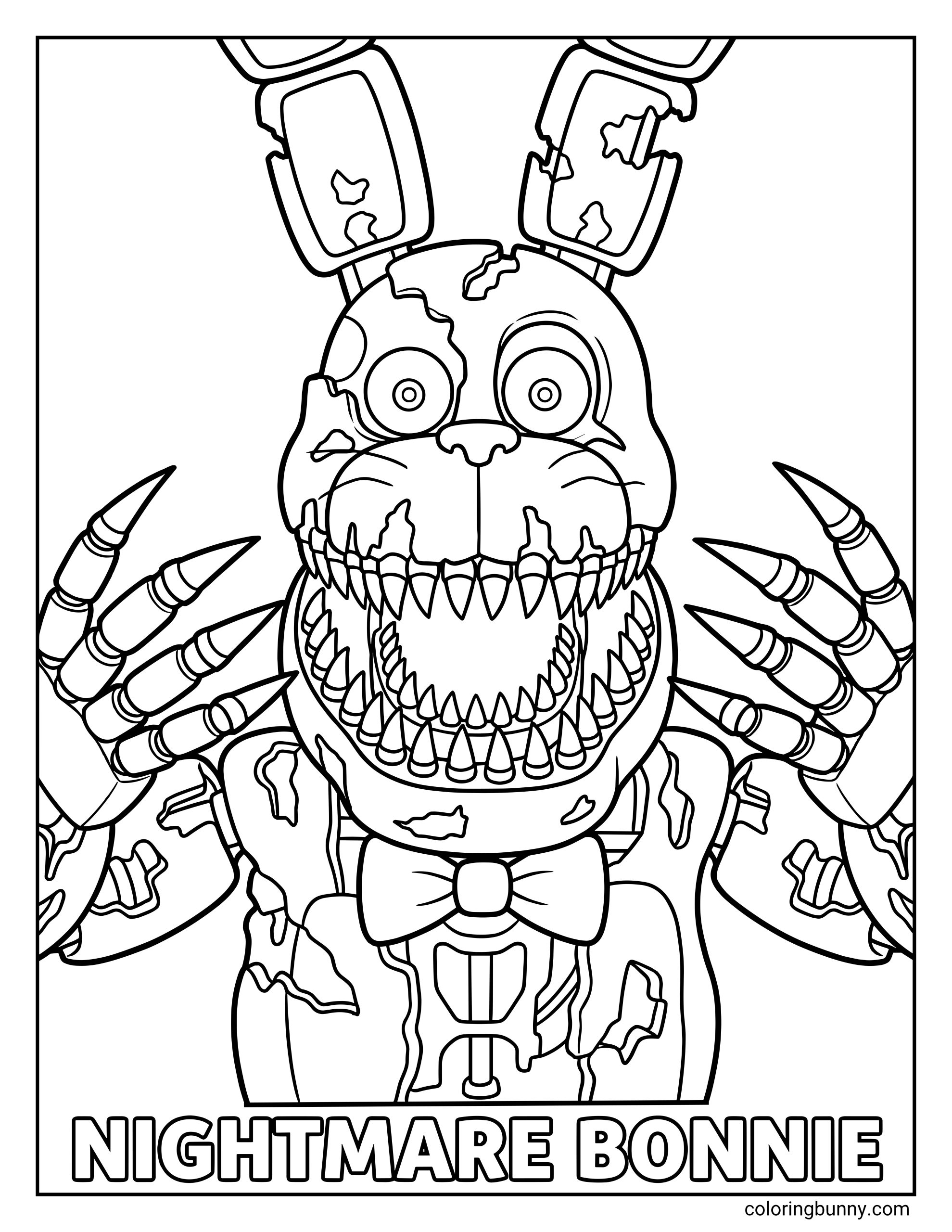 Five Nights at Freddy's coloring page showing a close-up of Nightmare Bonnie's face, jagged metal teeth, and long metallic claws.