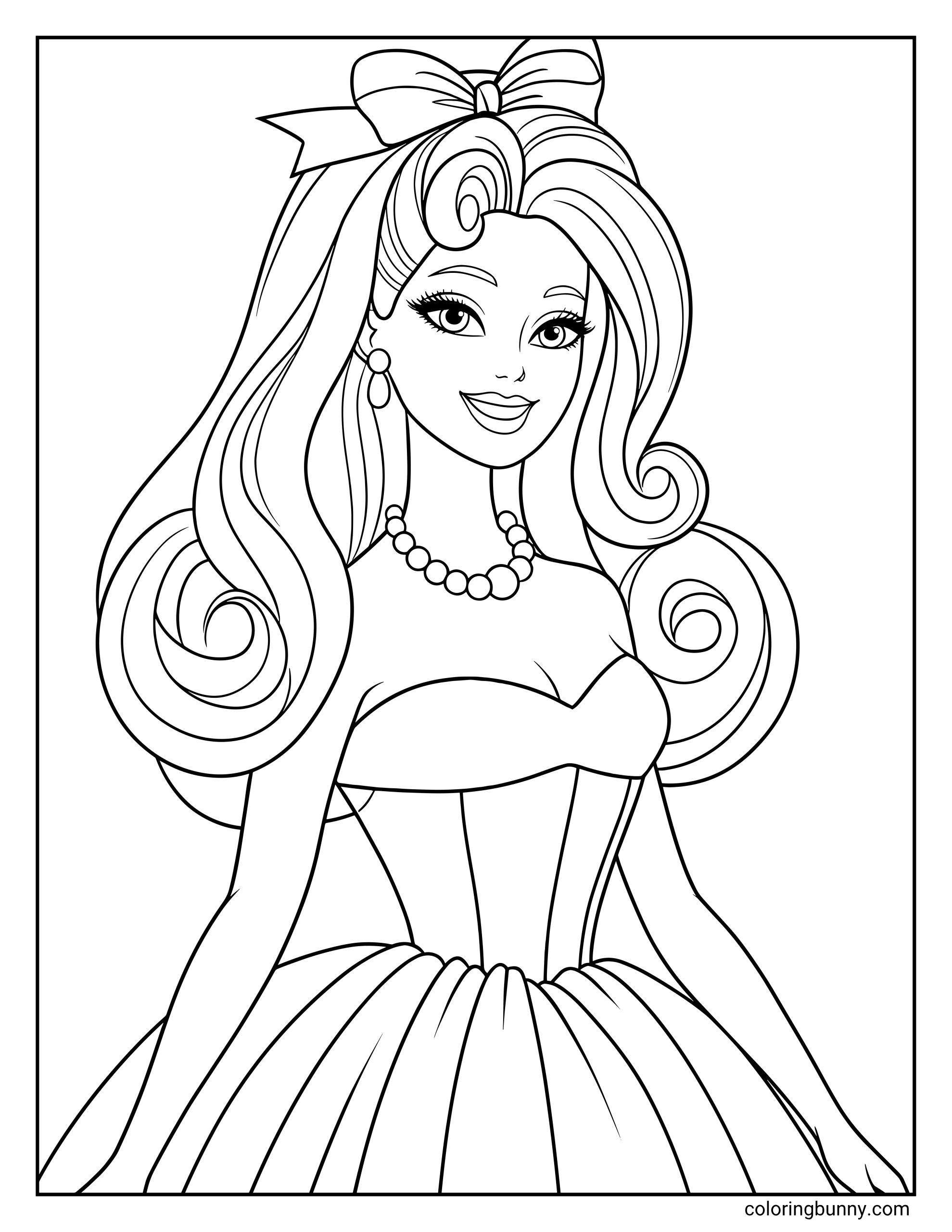 A kids Barbie coloring sheet of Barbie smiling in a fancy dress, shown close up with detailed curls framing her face. A large bow sits on top of her hair, and her necklace and earrings complete the classic dressy outfit.