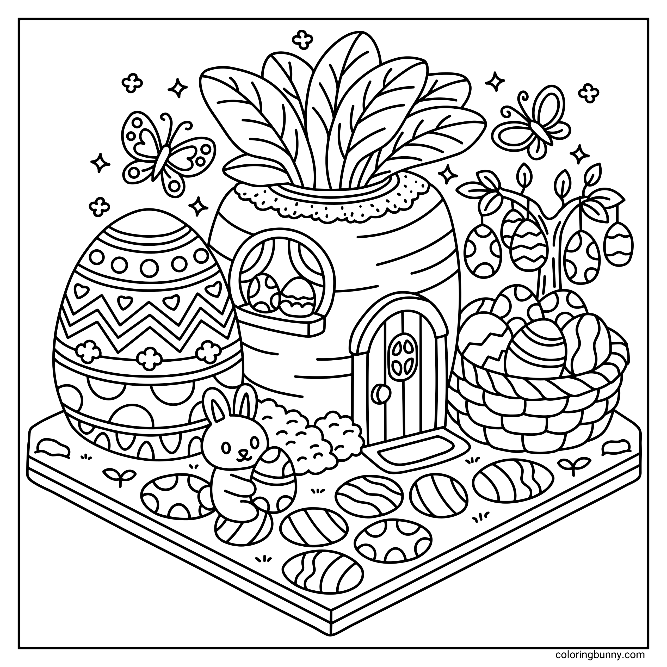 A hand-drawn cozy Easter coloring page featuring a whimsical carrot-shaped cottage with leafy greens sprouting from the roof, surrounded by patterned Easter eggs, a woven basket filled with decorated eggs, fluttering butterflies, and a small bunny holding an egg. The charming spring scene includes a giant decorated egg, a tiny arched door, blooming plants, and scattered eggs across a raised garden platform, creating a playful and festive Easter setting.