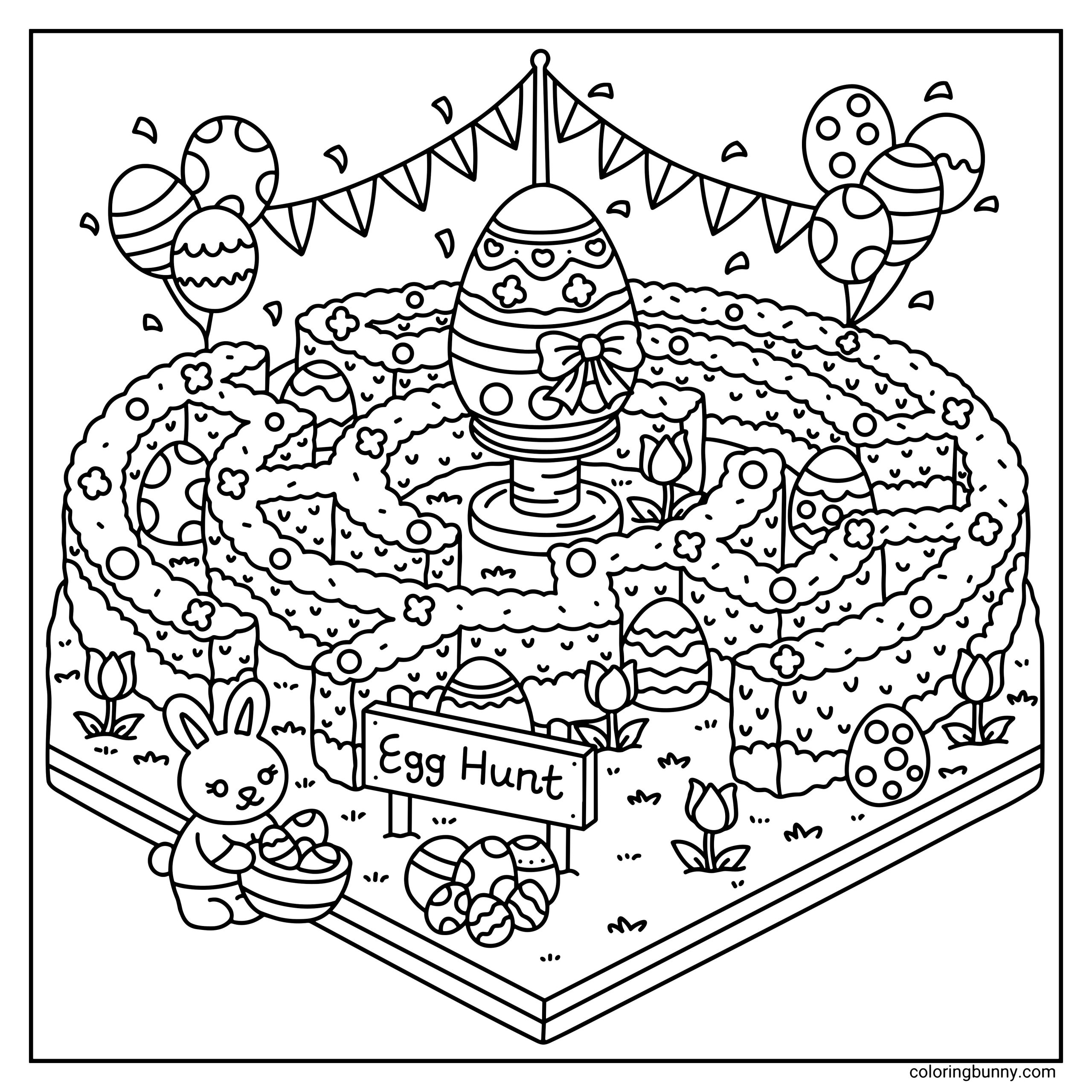 A hand-drawn cozy Easter coloring page featuring a festive egg hunt maze made of leafy hedges decorated with small flowers and hidden patterned eggs. A large decorated Easter egg with a bow stands on a pedestal in the center, while balloons, bunting flags, tulips, and a bunny holding a basket of collected eggs surround the cheerful spring maze scene.