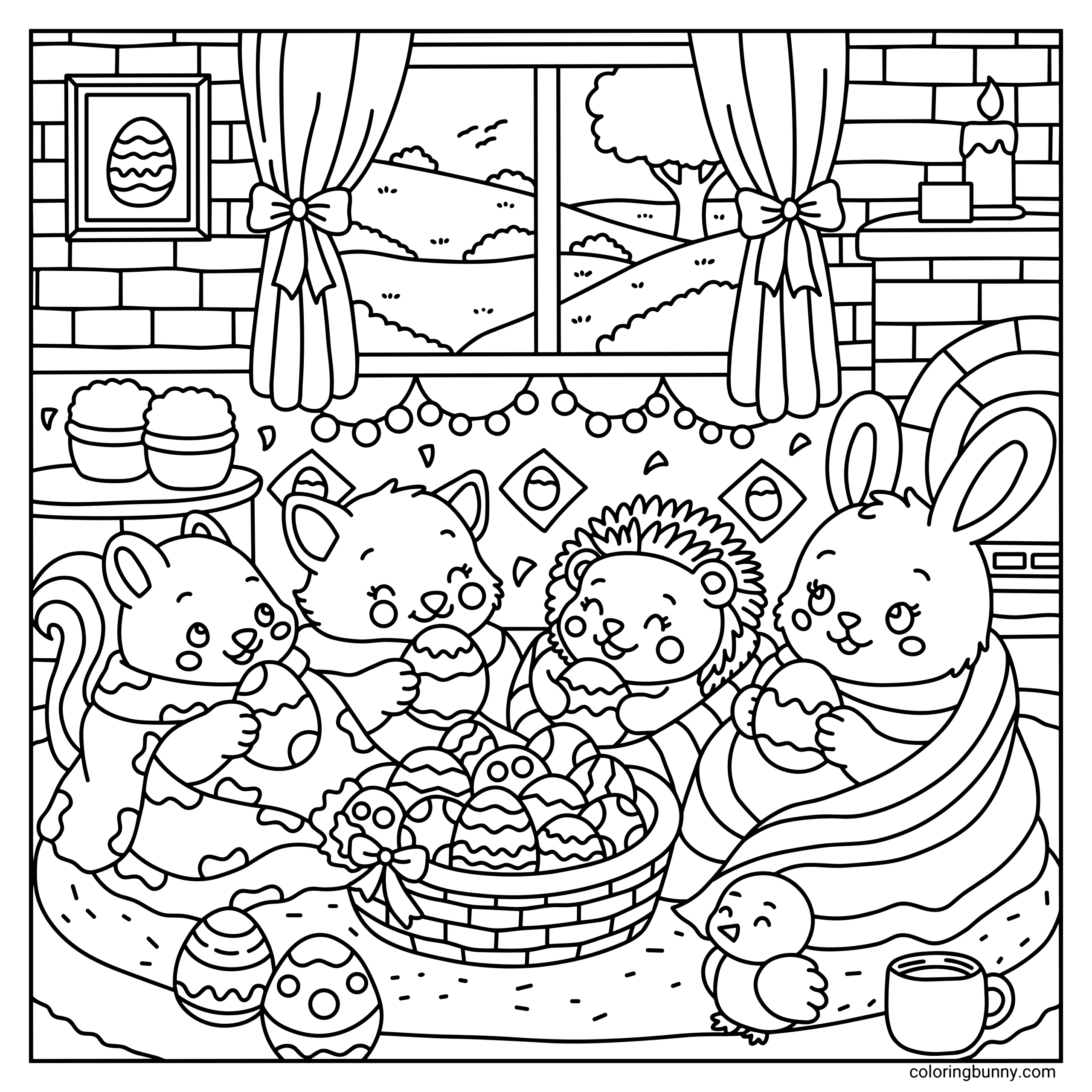 A hand-drawn cozy Easter coloring page showing four woodland friends - a squirrel, fox, hedgehog, and bunny - sitting together indoors as they gather decorated Easter eggs from a large woven basket in the center. Extra patterned eggs rest on the rug nearby, with a small chick and teacup in the foreground, while a fireplace, framed egg artwork, string lights, and a window overlooking rolling hills create a warm springtime setting.