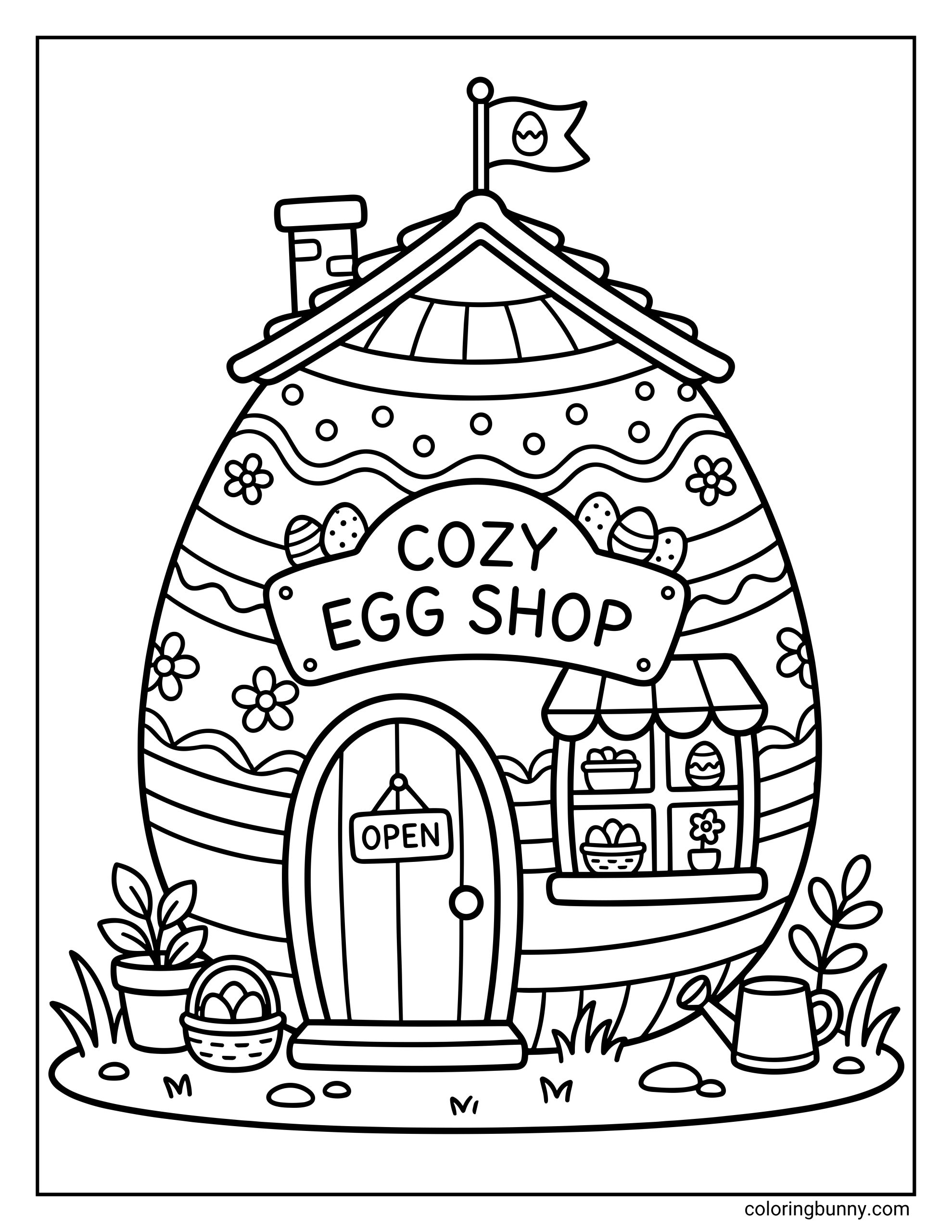 Cute Easter coloring page of a decorated egg-shaped shop labeled “Cozy Egg Shop” with a small door, open sign, flower pots, and baskets of eggs outside.