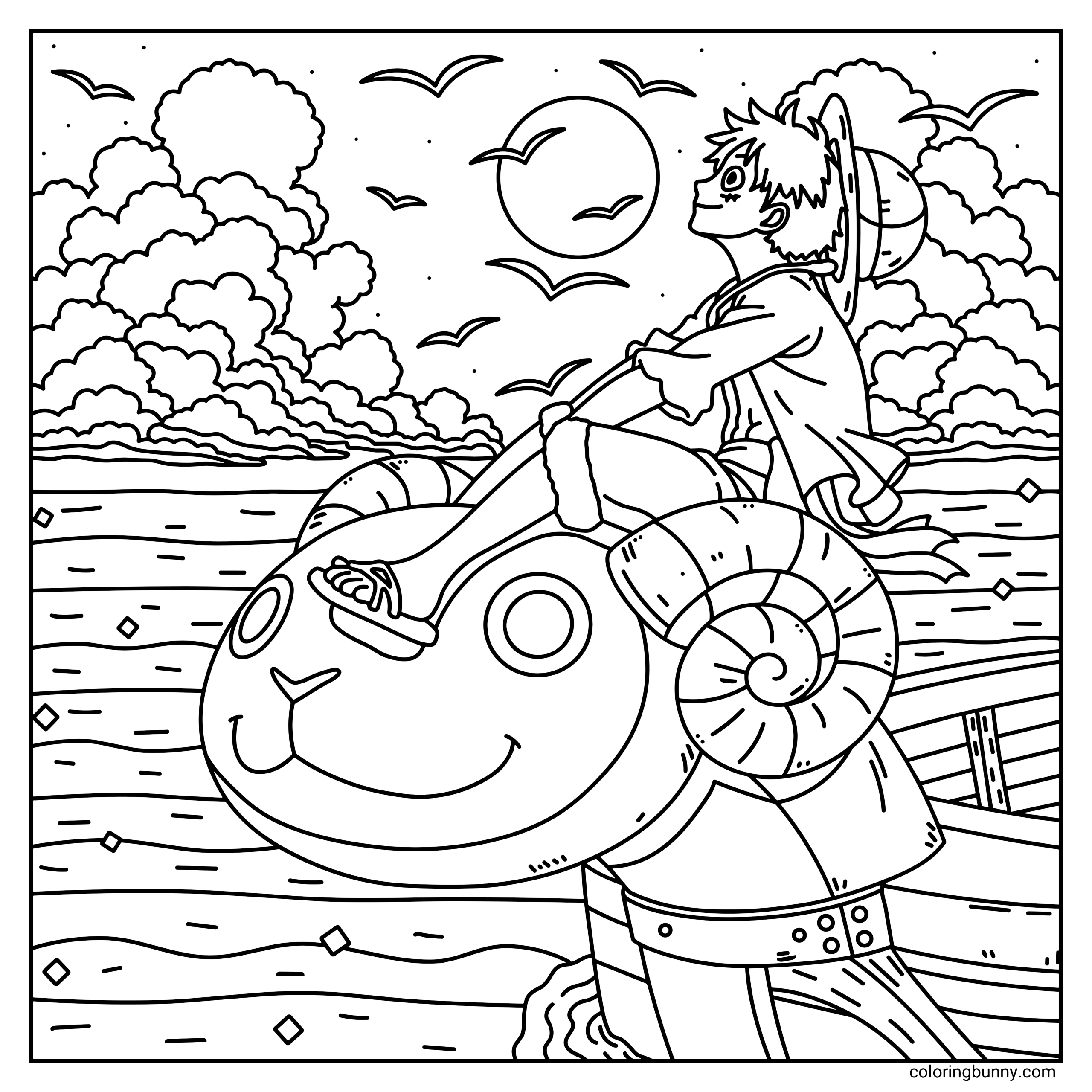 A cozy One Piece coloring page of Luffy relaxing on his favorite seat, the figurehead of the Going Merry ship.