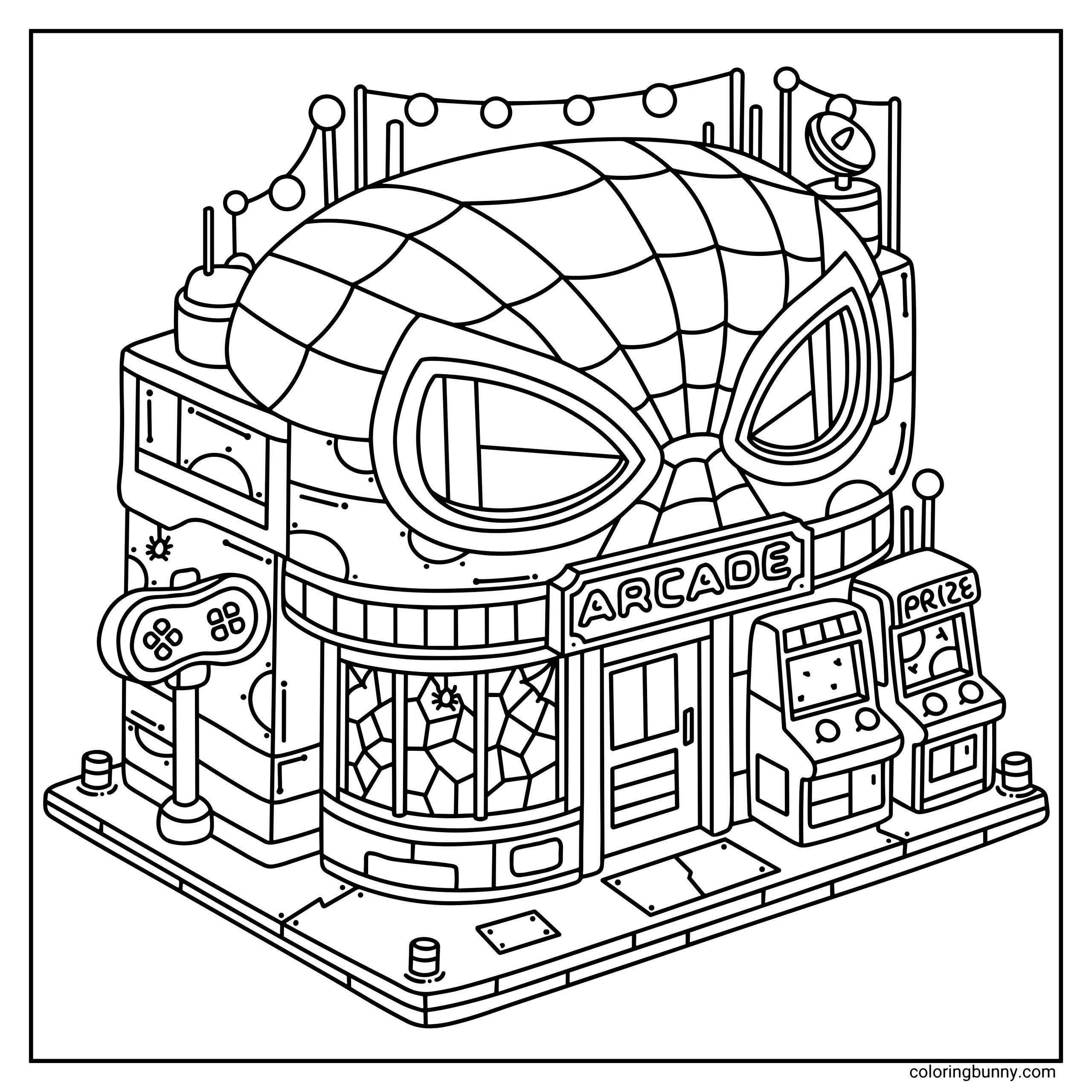 A hand-drawn cozy Spider-Man themed coloring page showing a small arcade building designed like Spider-Man’s mask, with web-patterned details across the roof and large eye-shaped windows. The storefront has an “Arcade” sign above the entrance, with arcade machines outside.