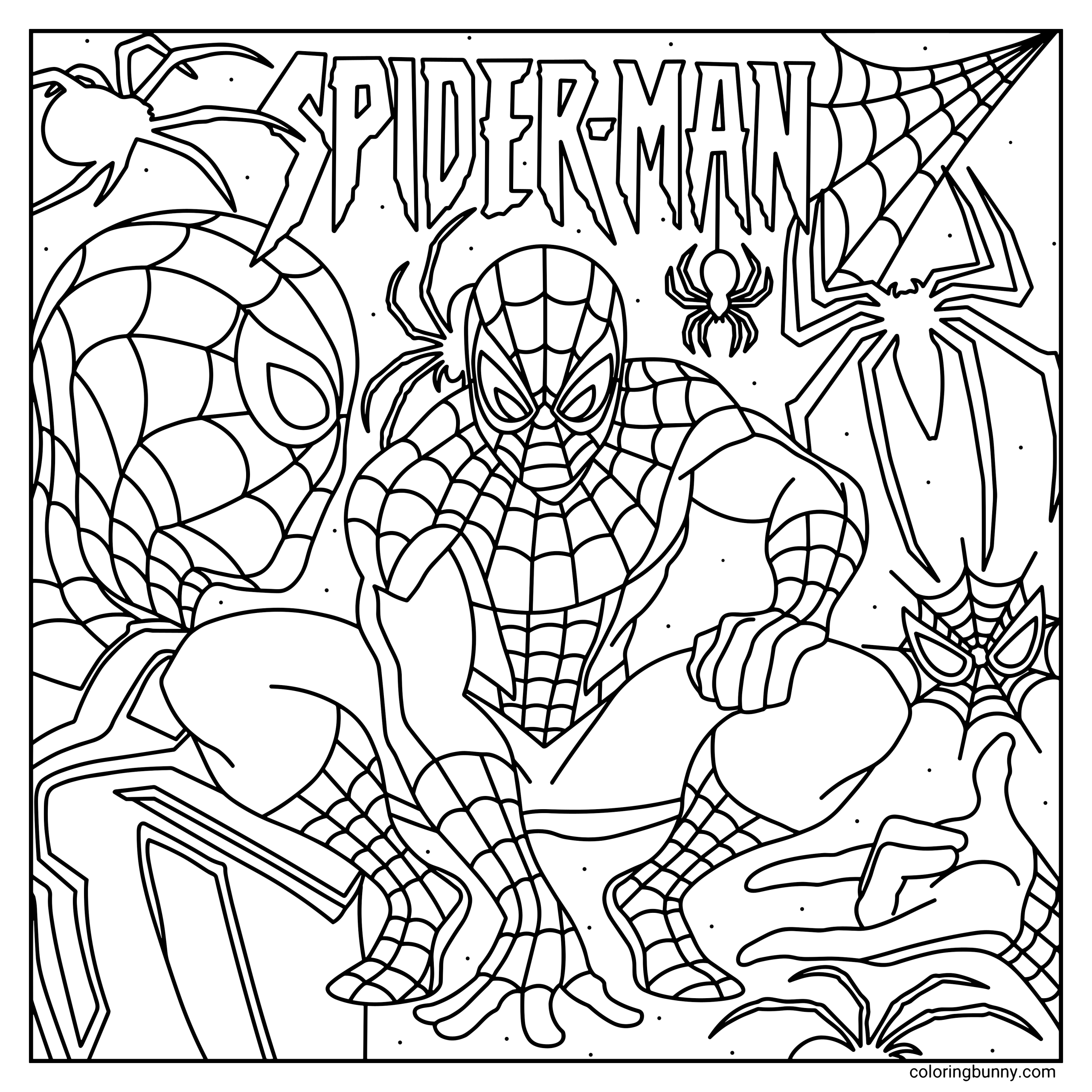 A hand-drawn Spider-Man coloring page showing Spider-Man crouched in his classic pose surrounded by spider webs and several spiders. The word “Spider-Man” appears in bold comic-style lettering above him while large webs stretch across the background.