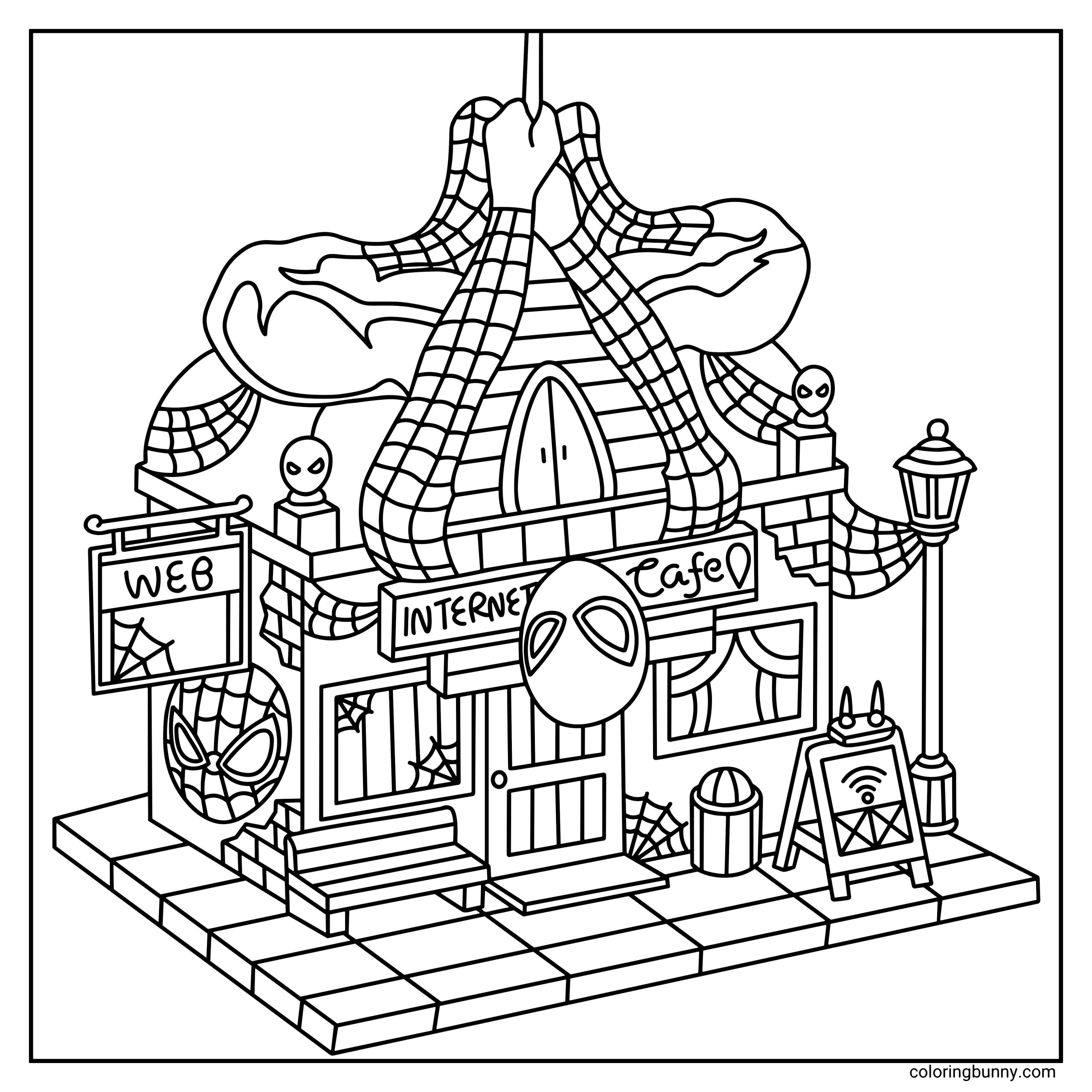 A hand-drawn cozy Spider-Man themed coloring page showing a small internet café covered in spider webs, with a sign that reads “Internet Cafe” and a hanging “Web” sign outside. The building features Spider-Man mask decorations, web-covered windows, a bench, street lamp, and a sidewalk sign with a Wi-Fi symbol.