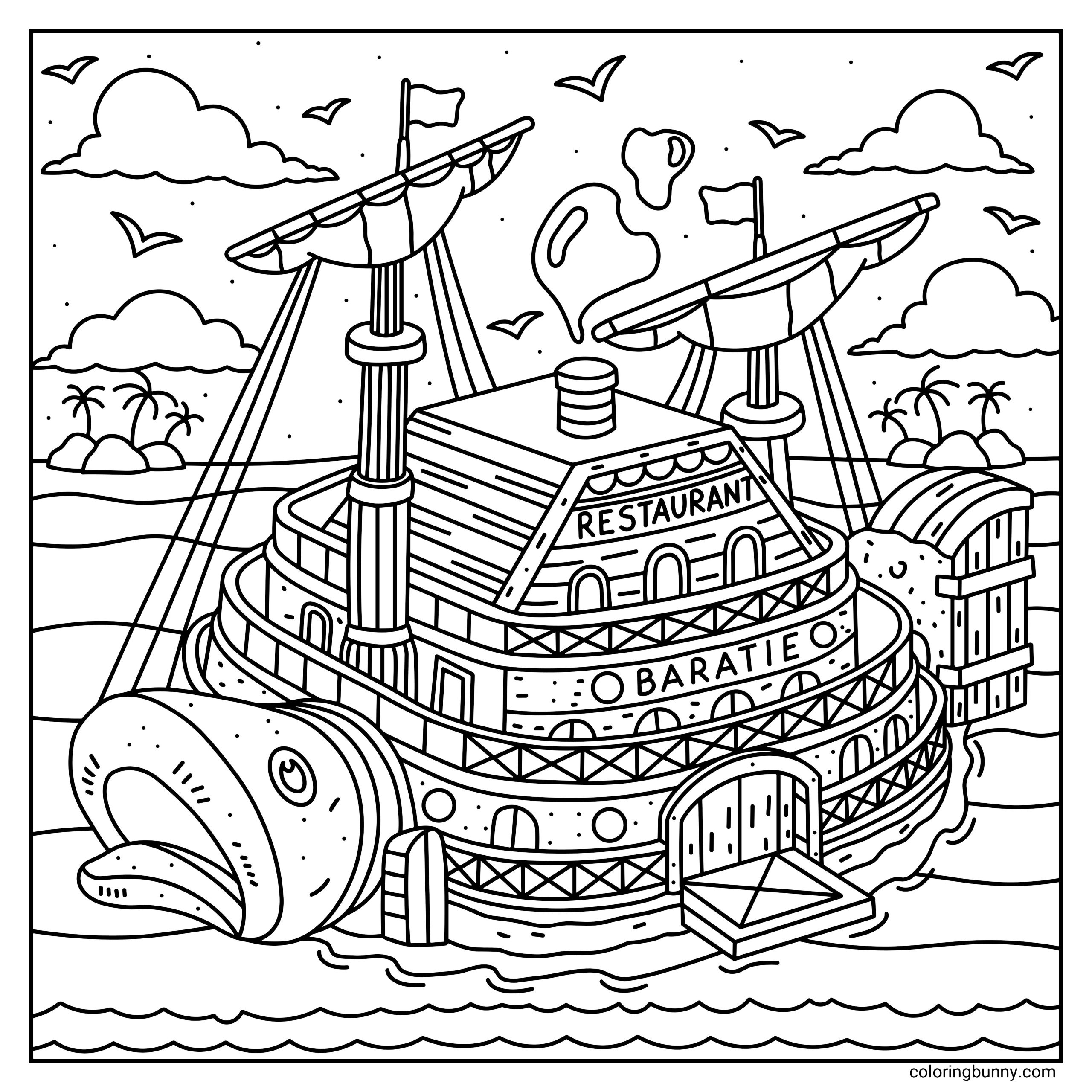 A detailed One Piece cozy coloring page of the fish-shaped Baratie Restaurant ship, featuring its prominent "RESTAURANT" and "BARATIE" signage, rounded decks, and a large fish-head bow.