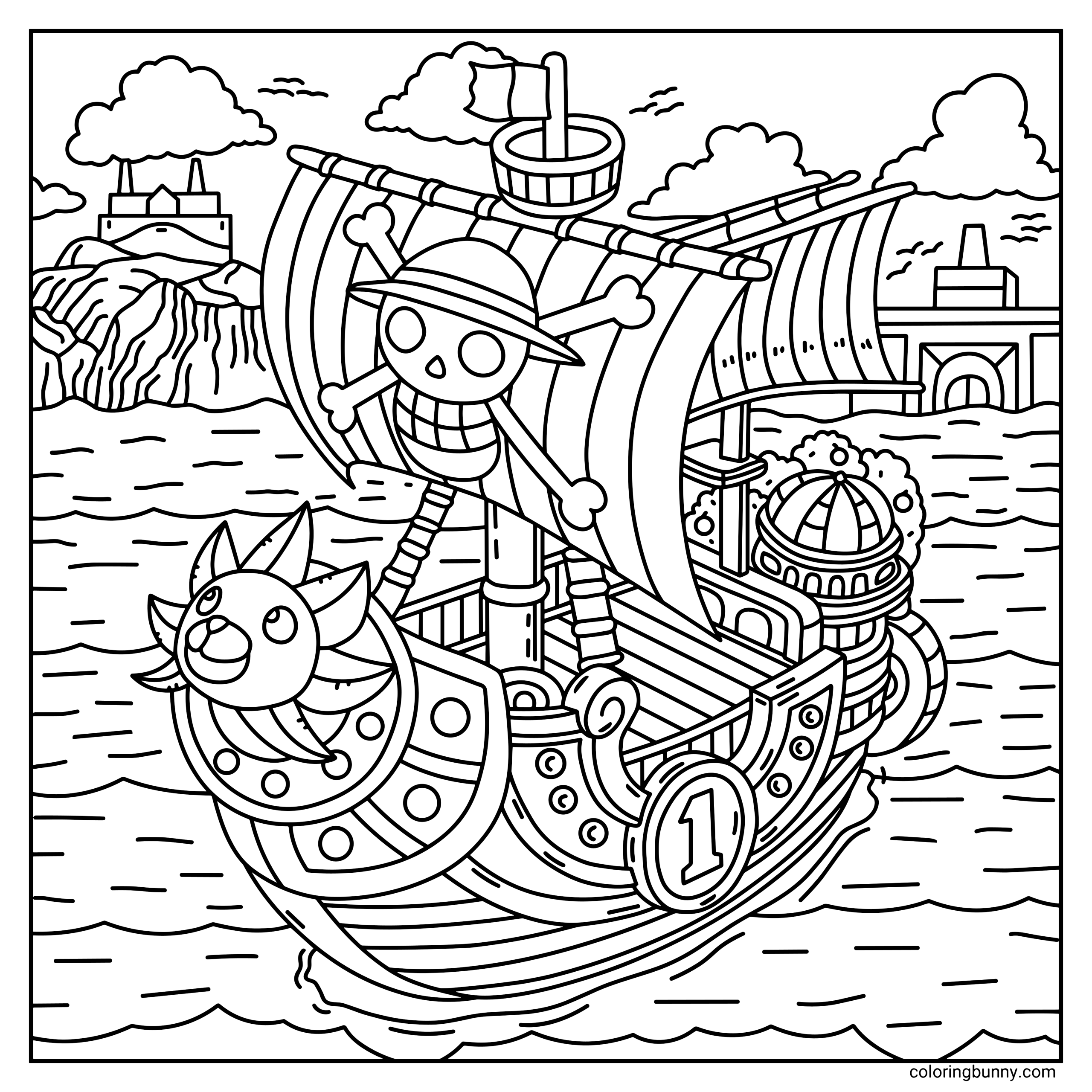 A cozy One Piece coloring page of the Thousand Sunny ship sailing past a tropical island.