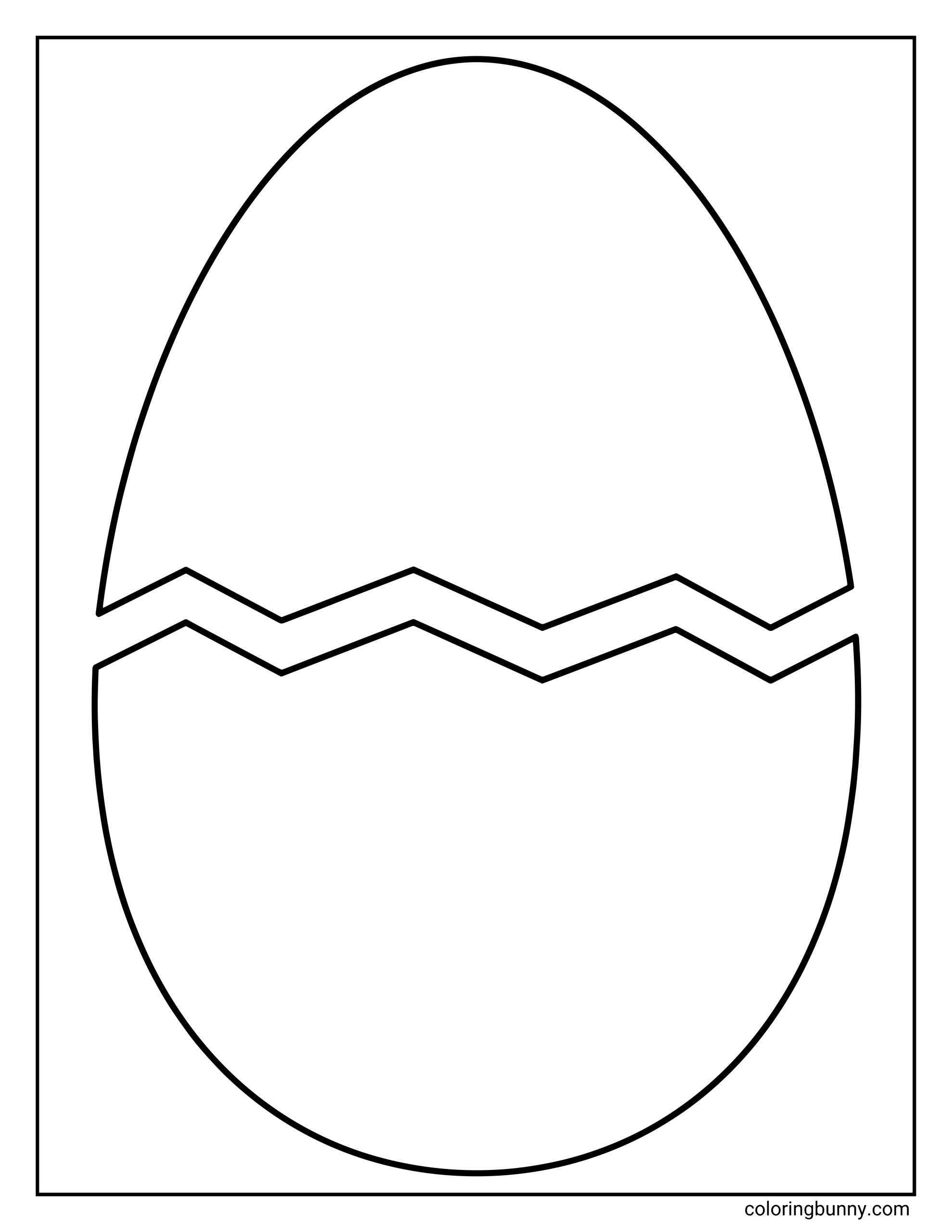 A simple kids coloring page featuring a large blank egg with a zigzag crack through the middle.