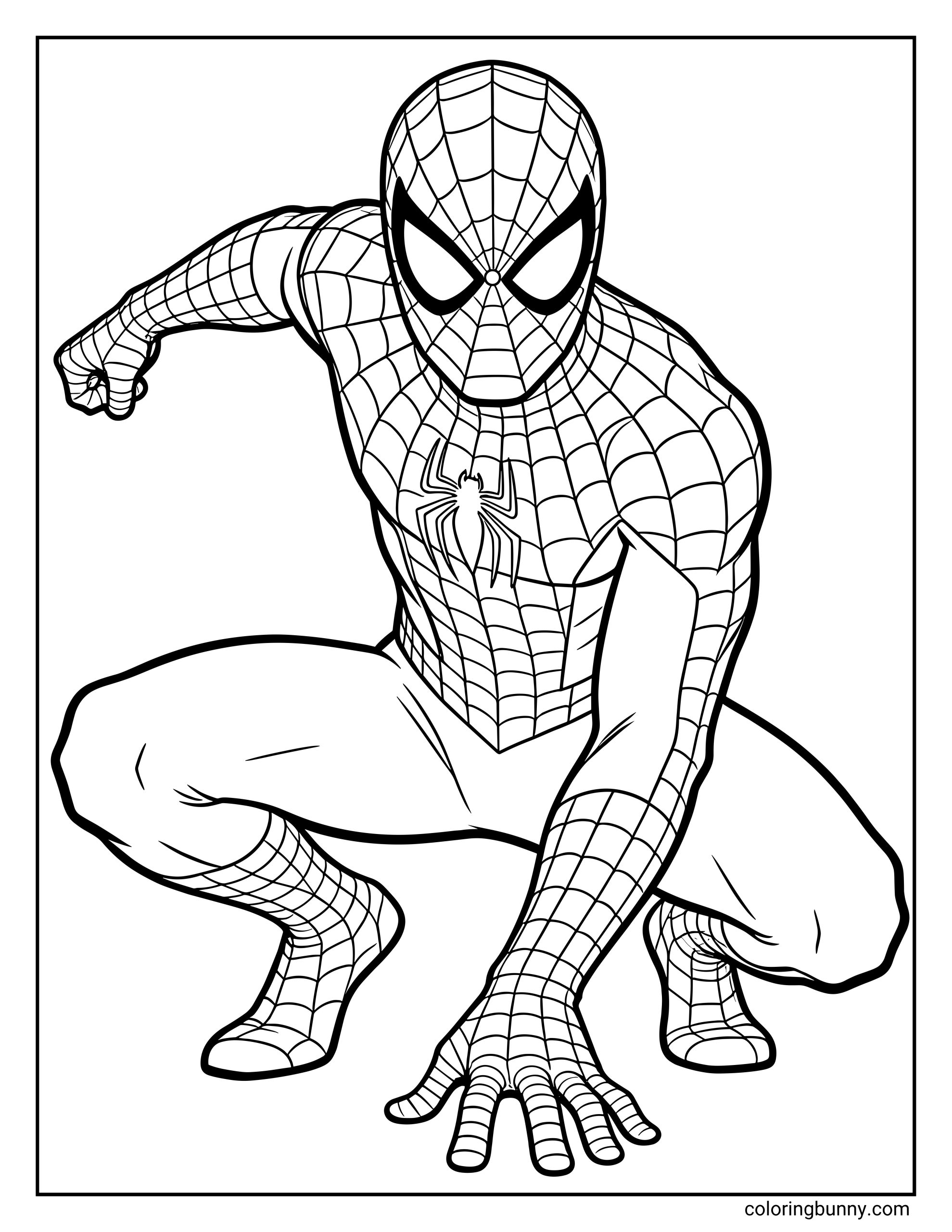 A coloring page of Spider-Man crouching low with one hand on the ground, wearing his detailed web-pattern suit in a bold superhero pose.