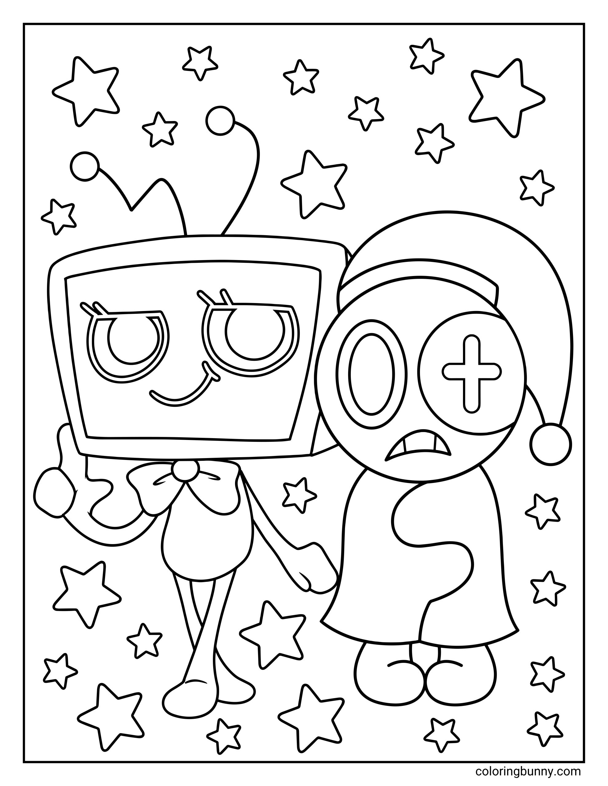 Cute Astro and Vee Dandy’s World coloring sheet featuring Astro and Vee standing side by side and holding hands, with stars spread across the full page in a fun decorative layout.