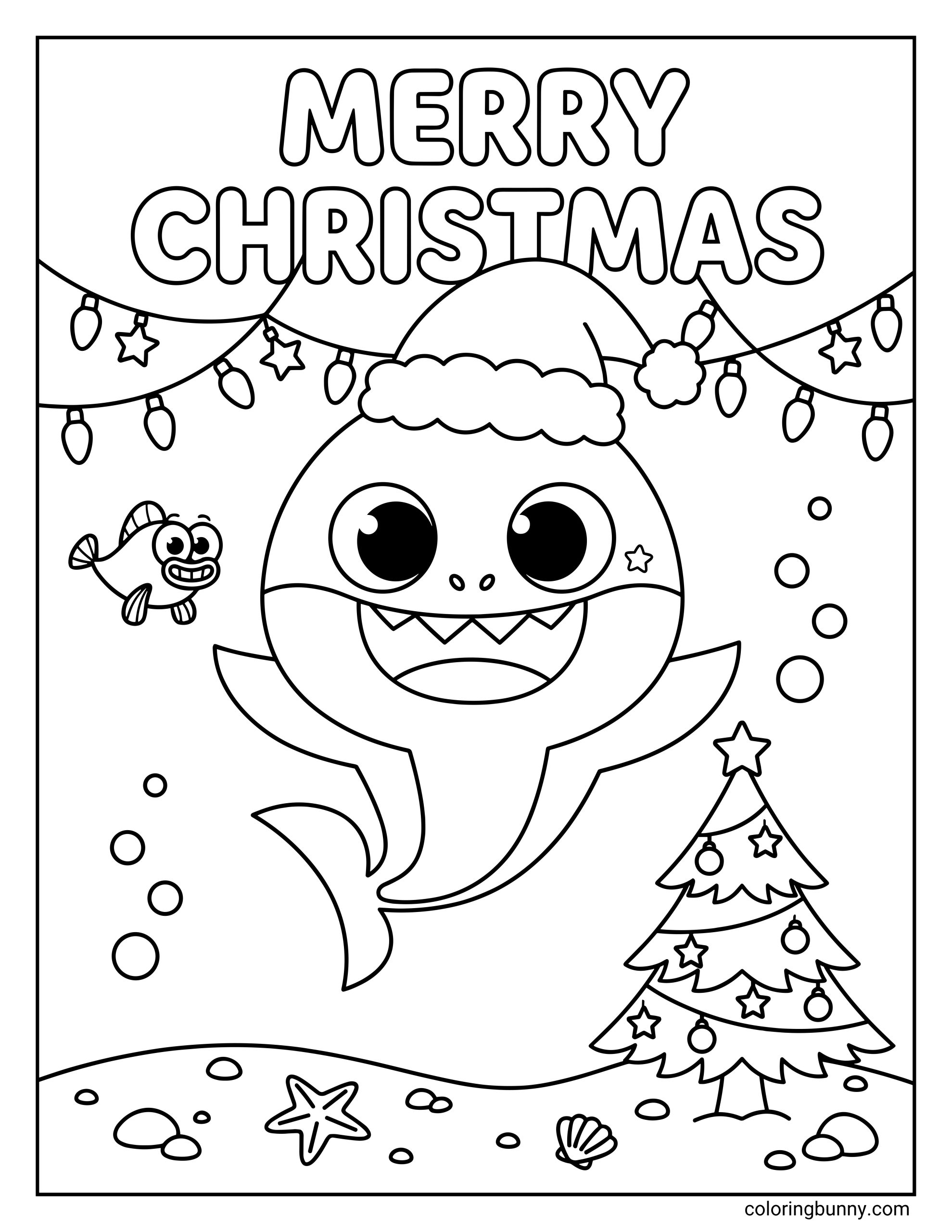 Baby Shark Christmas coloring page showing Baby Shark wearing a Santa hat underwater, with a decorated Christmas tree, string lights, bubbles, a small fish, seashells, and the words “MERRY CHRISTMAS” at the top.
