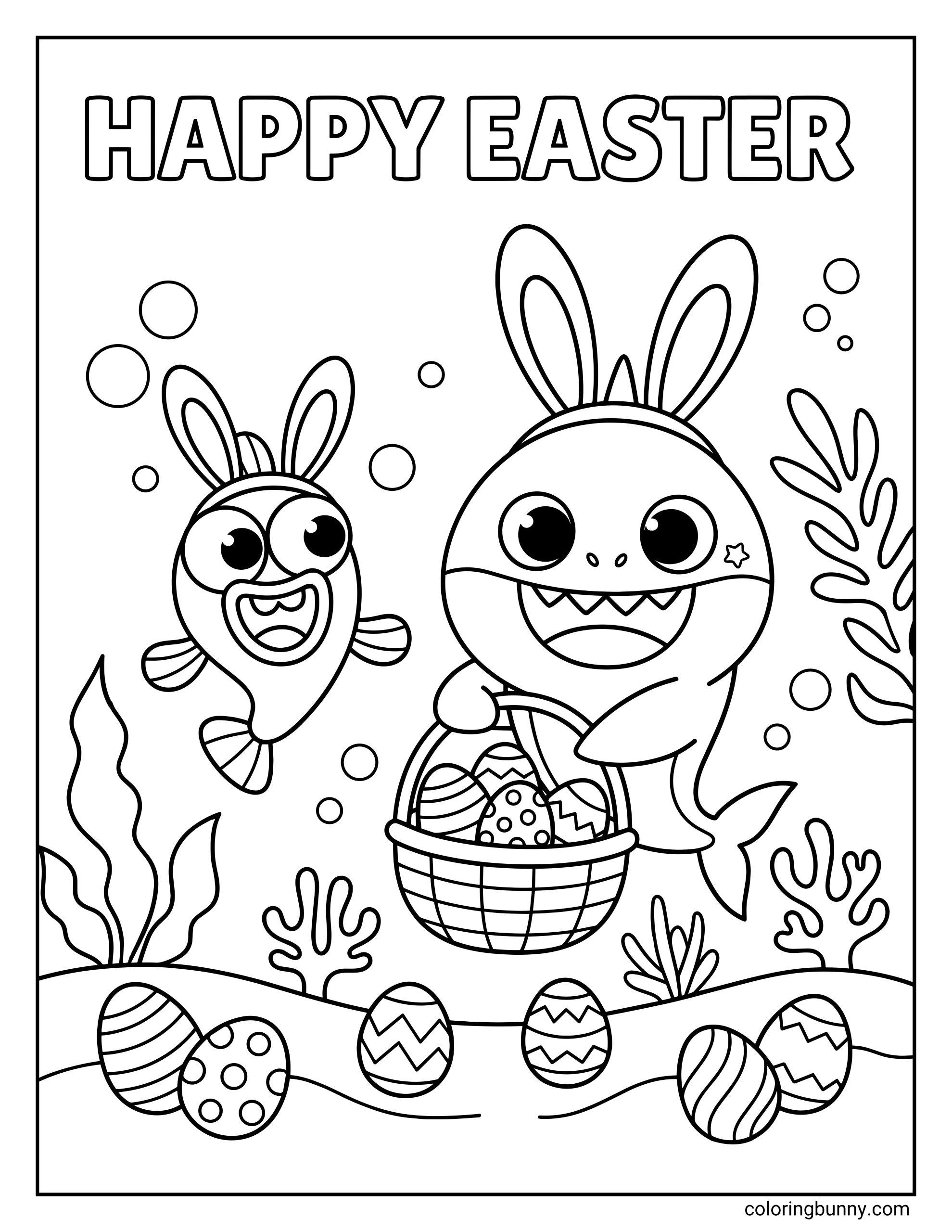 Baby Shark Easter coloring page showing Baby Shark wearing bunny ears and holding a basket of decorated Easter eggs underwater, with another fish character nearby, more eggs on the seabed, bubbles, sea plants, and the words “HAPPY EASTER” at the top.