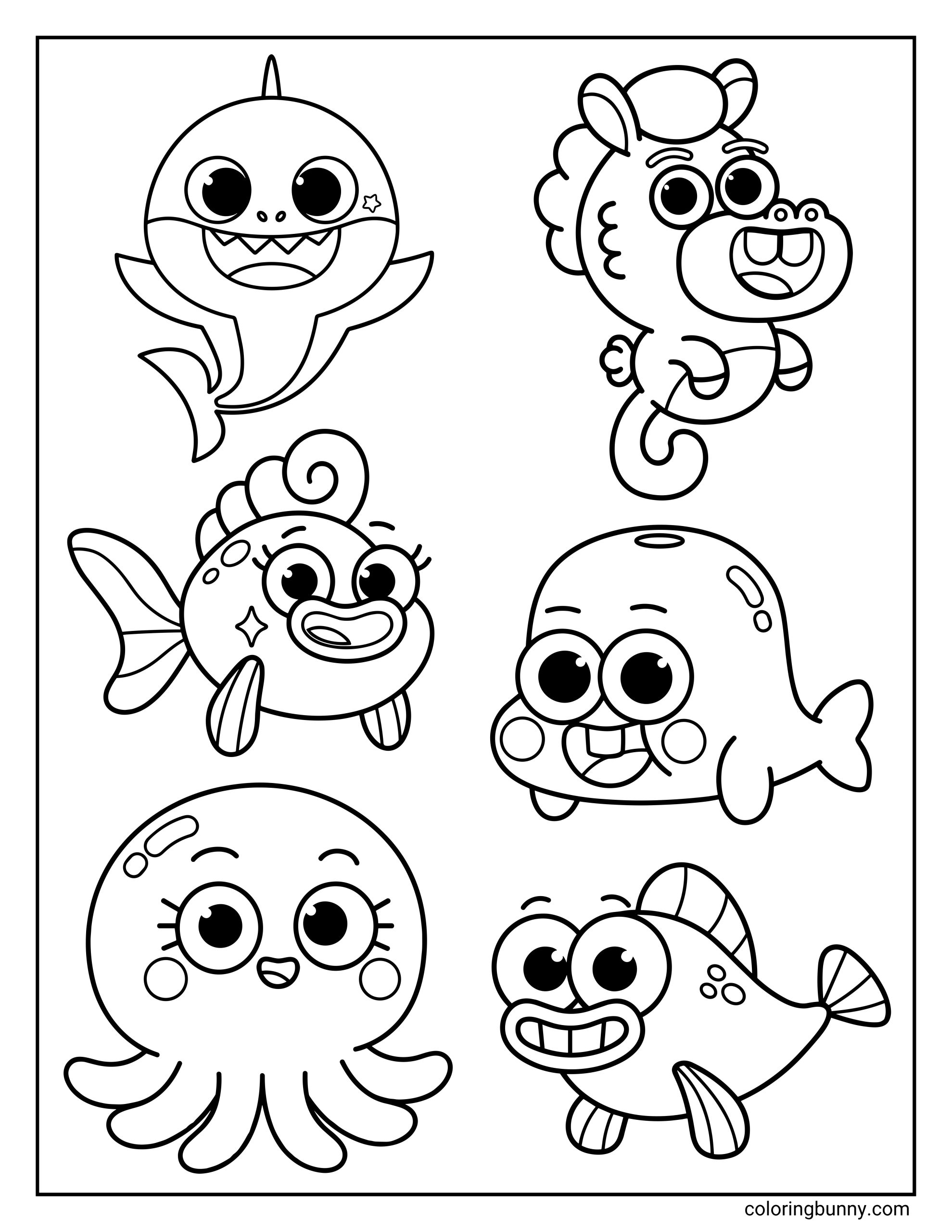 Minor Baby Shark characters coloring page showing six different Baby Shark side characters arranged across the page, including Baby Shark, Chucks, Goldie, Hank, Vola, and William.