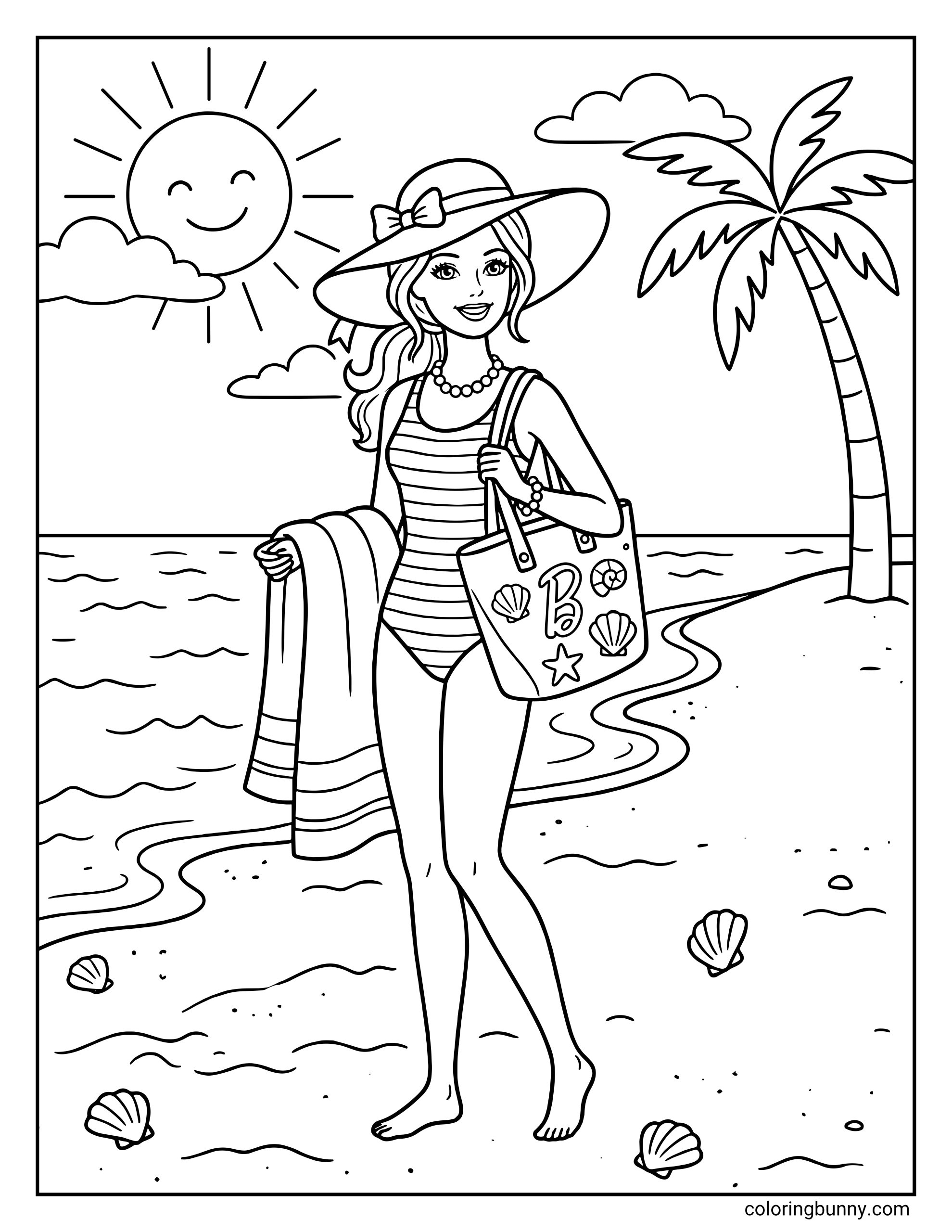 A coloring page of Barbie in a striped swimsuit and sun hat walking on the beach, carrying a towel and a decorated tote bag under a smiling sun.
